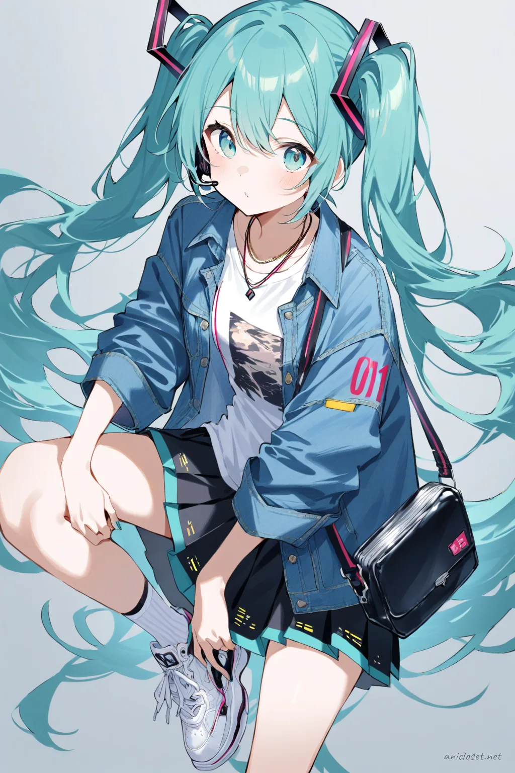 Illustration of Hatsune Miku in a knee-up half-body pose wearing a denim jacket, graphic t-shirt, pleated skirt, white sneakers, and layered necklaces against a simple studio background
