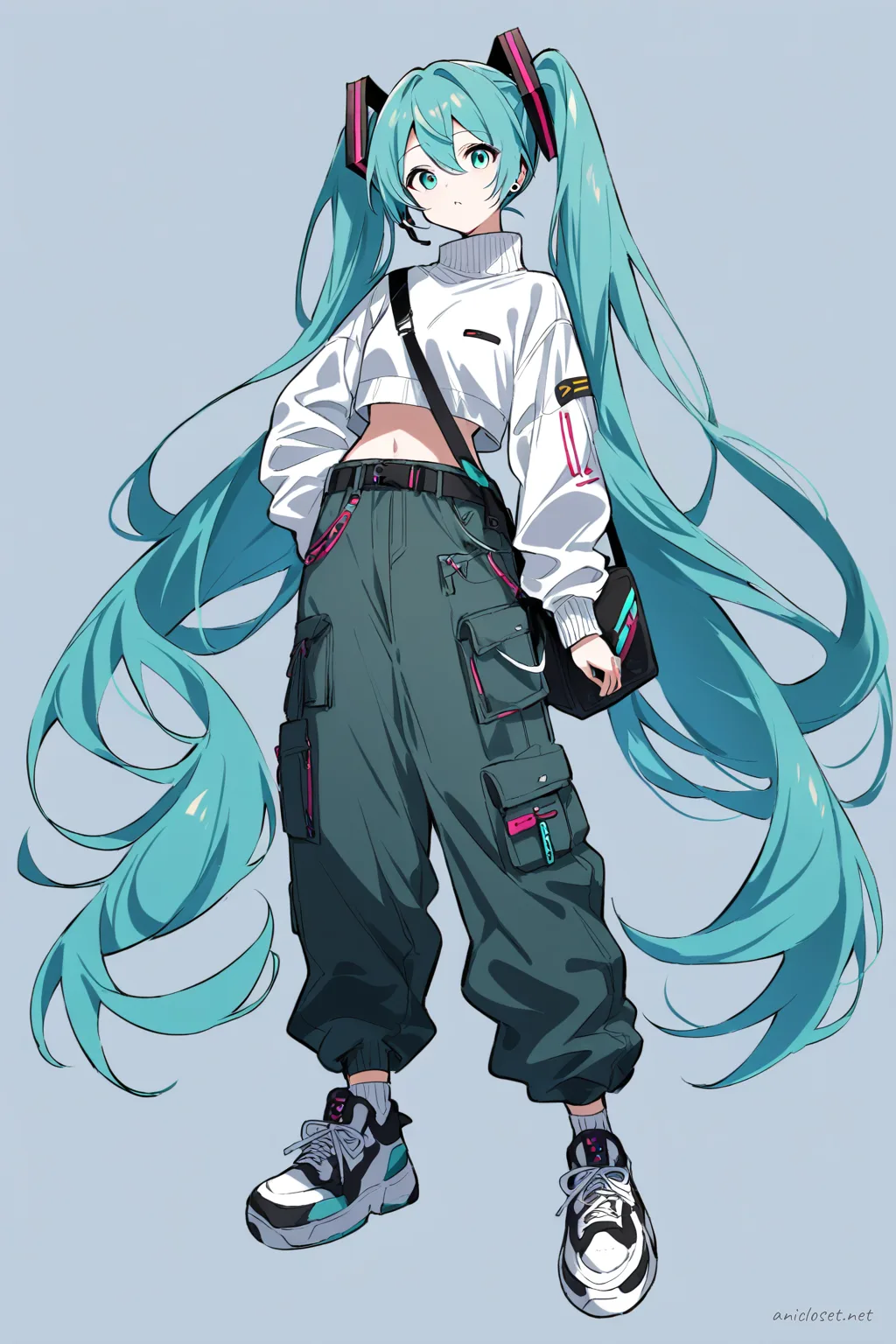 Full-body three-quarter view illustration of Hatsune Miku wearing a cropped sweater with ribbed cuffs and high neck, tapered cargo pants with multiple pockets and belt, chunky sneakers with ankle socks, crossbody bag, and simple stud earrings on a clean background