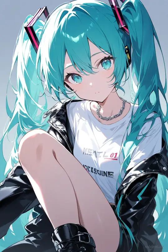 Illustration of Hatsune Miku in a black leather jacket, white graphic tee, and black skinny jeans, shown knee-up with soft studio lighting on a simple background