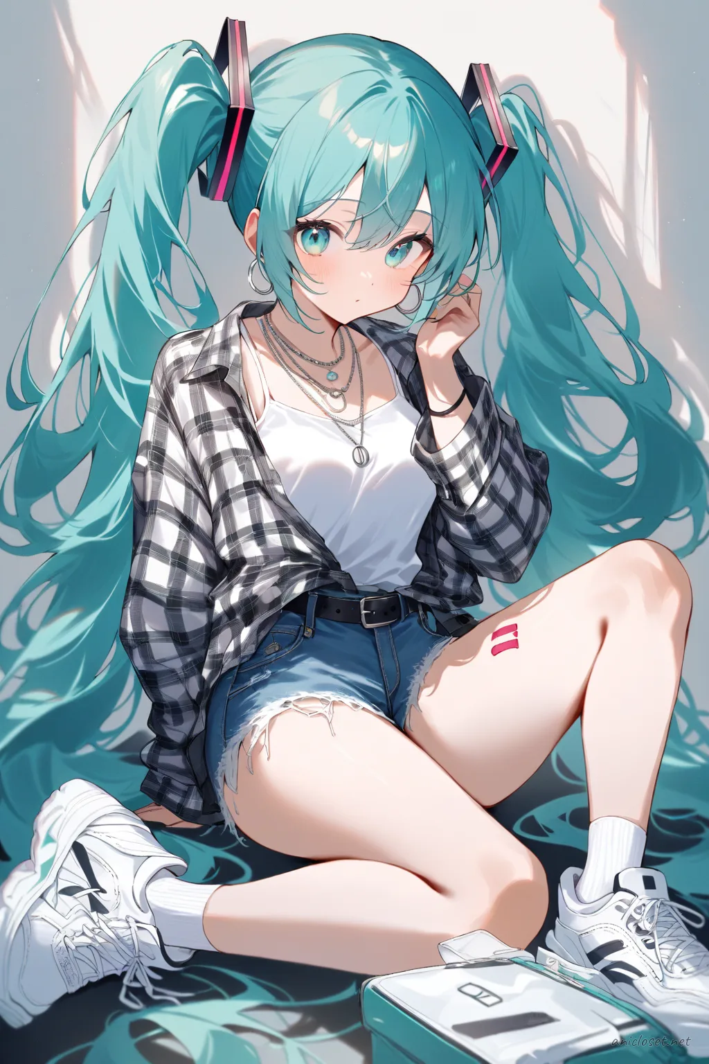 Full-body three-quarter view illustration of Hatsune Miku wearing a plaid flannel shirt layered over a white tank top, denim cutoff shorts, white ankle socks, chunky white sneakers, black leather belt, silver hoop earrings, and a casual layered necklace against a simple studio background