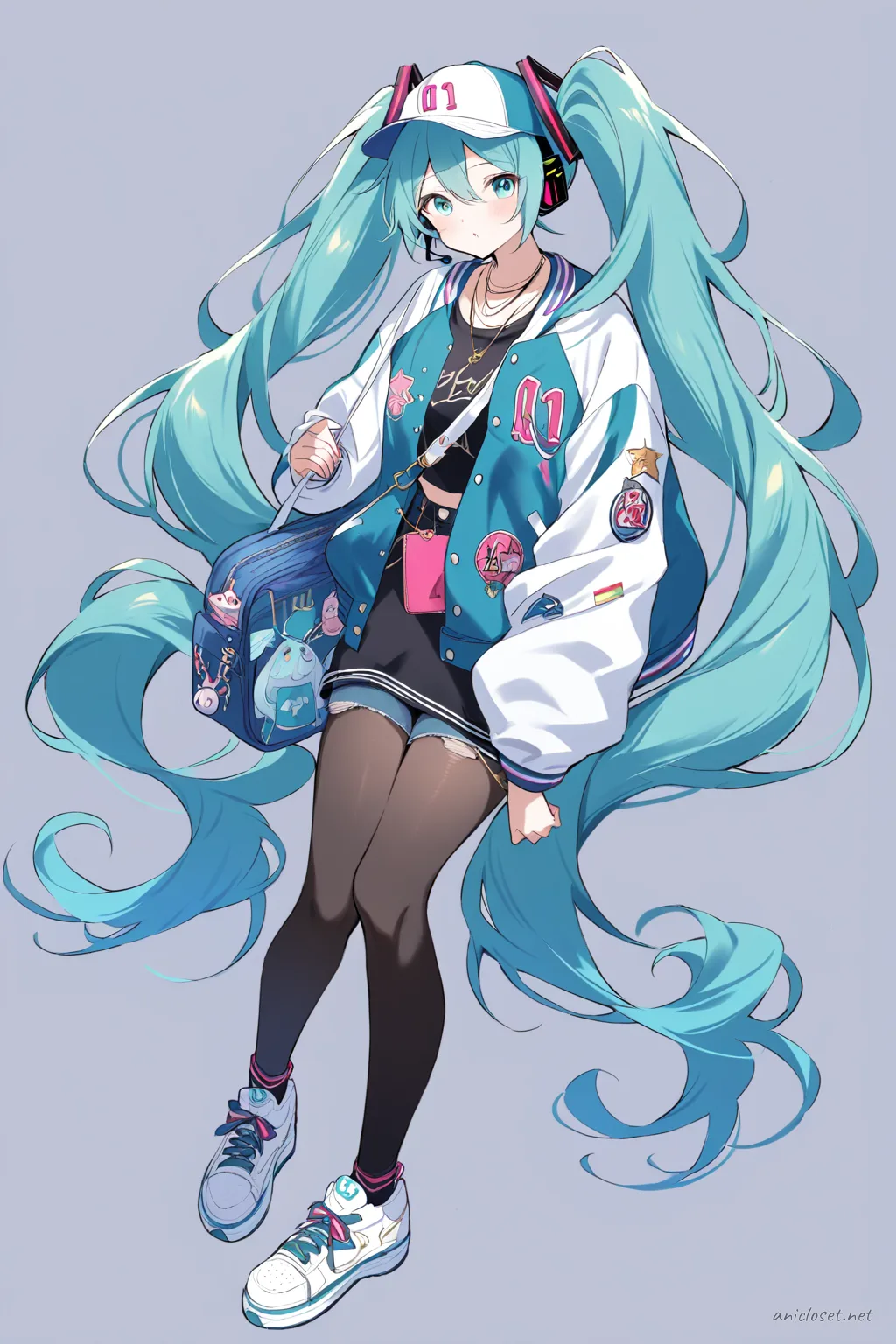 Full-body three-quarter view illustration of Hatsune Miku wearing a cropped varsity jacket, graphic t-shirt, high-waisted denim shorts, black tights, white sneakers, and a baseball cap with a crossbody bag on a simple studio background