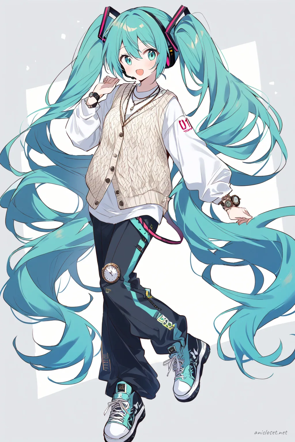 Full-body three-quarter view illustration of Hatsune Miku wearing a knit vest over a long-sleeve button-up shirt paired with wide-leg pants and sneakers, layered necklace and casual watch visible, simple background