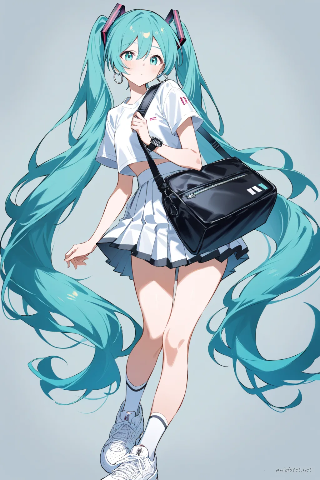 Full-body three-quarter view illustration of Hatsune Miku wearing a white short-sleeve crop top, pleated tennis skirt, white ankle socks, chunky white sneakers, silver hoop earrings, black crossbody bag, and sporty wristwatch on a clean studio background