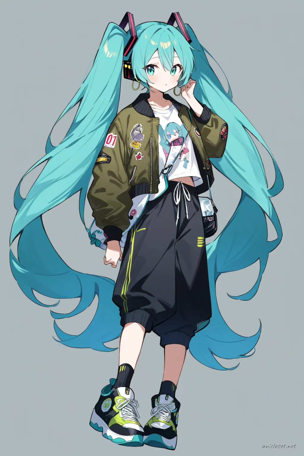 Full-body illustration of Hatsune Miku in street casual outfit with bomber jacket and joggers, standing against a simple studio background