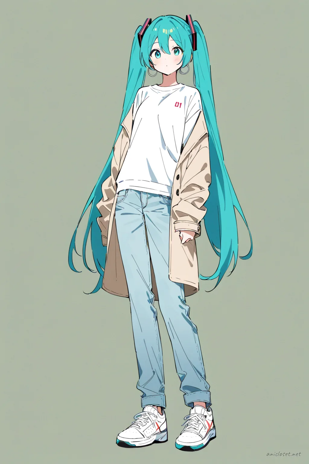 Full-body illustration of Hatsune Miku in a minimal beige trench coat, light wash straight fit jeans, white crew neck t-shirt, and white low-top sneakers against a clean studio background