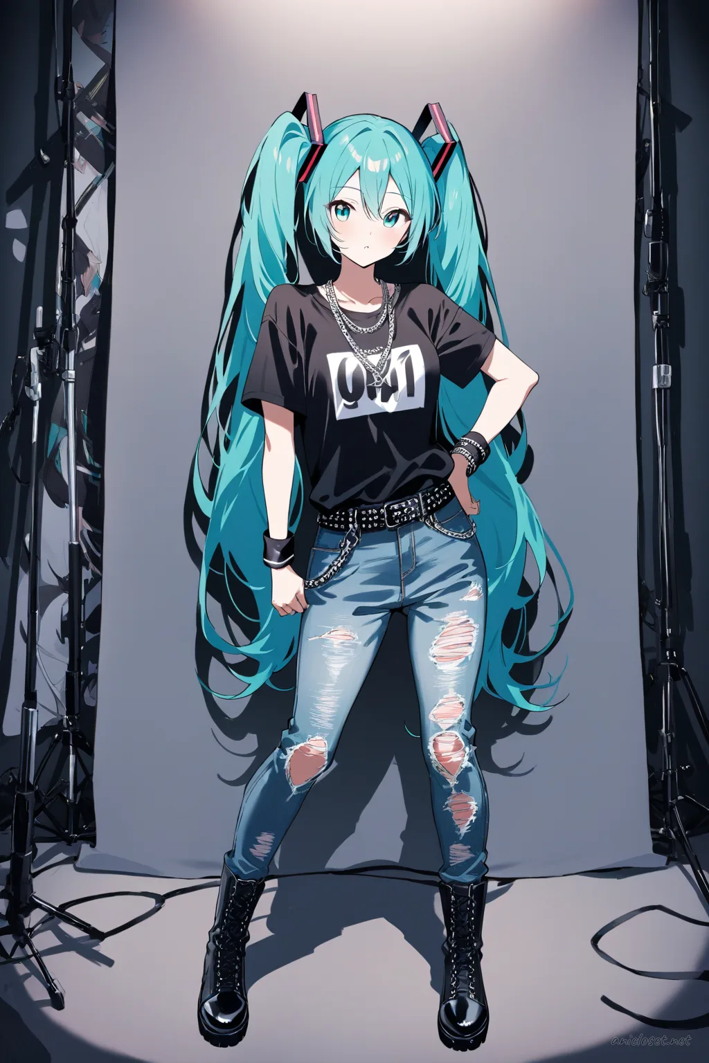Illustration of Hatsune Miku in Street Casual look 11 wearing a black graphic band tee, ripped skinny jeans, black leather combat boots, silver chain necklace, and studded belt, standing against a clean studio backdrop