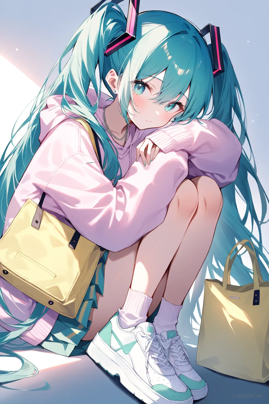 Illustration of Hatsune Miku in a soft pastel street casual outfit with a pastel pink oversized hoodie, mint green pleated skirt, white high-top sneakers, pastel yellow tote bag, and light lavender ankle socks under soft studio lighting
