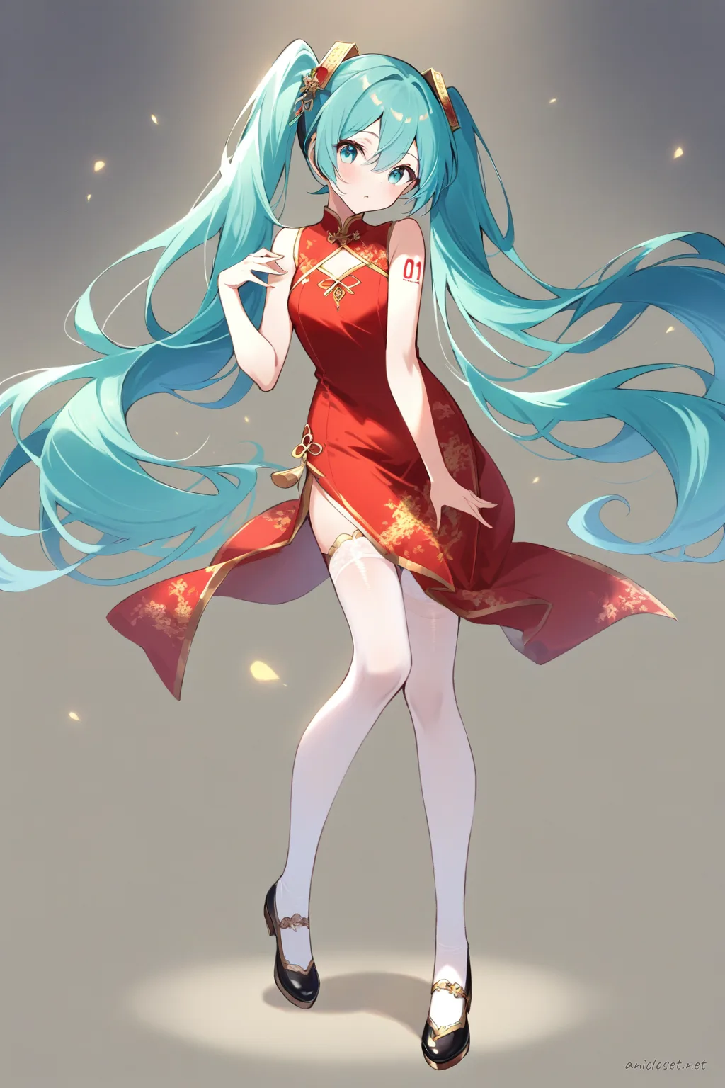 Full-body illustration of Hatsune Miku wearing a classic red qipao with gold trim and modest hem, standing against a clean studio backdrop