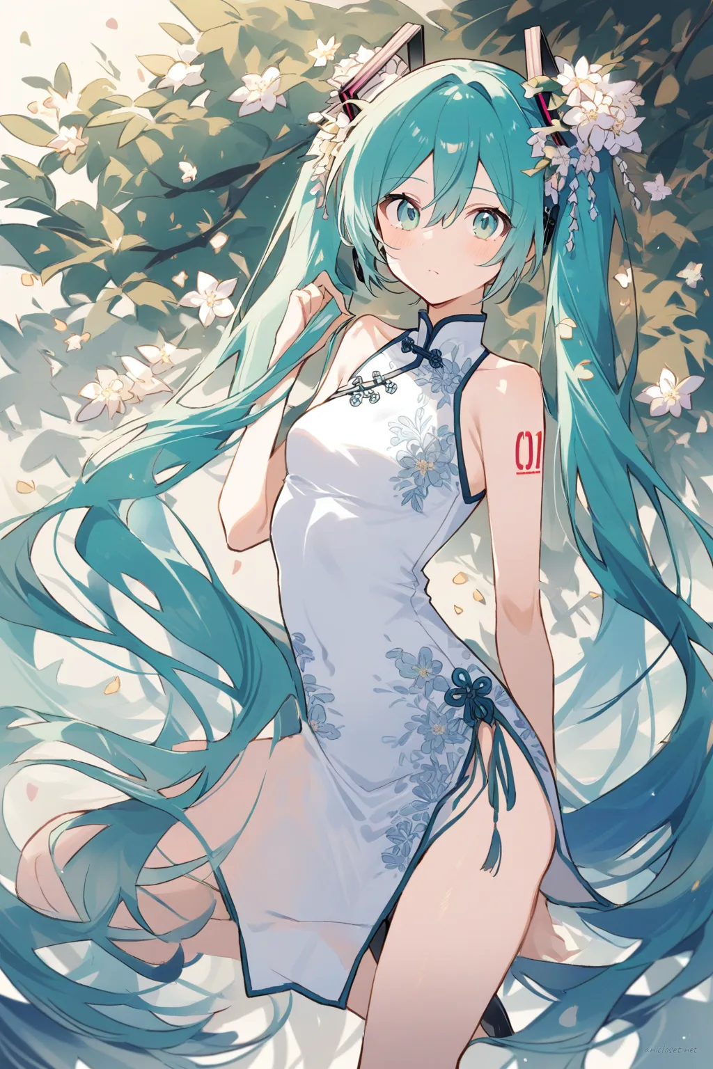 Knee-up half-body illustration of Hatsune Miku wearing a navy cheongsam with subtle floral embroidery, mandarin collar, sleeveless design, side slit, and gold piping trim, paired with black ballet flats and a simple gold bracelet, set against a clean background with soft studio lighting.