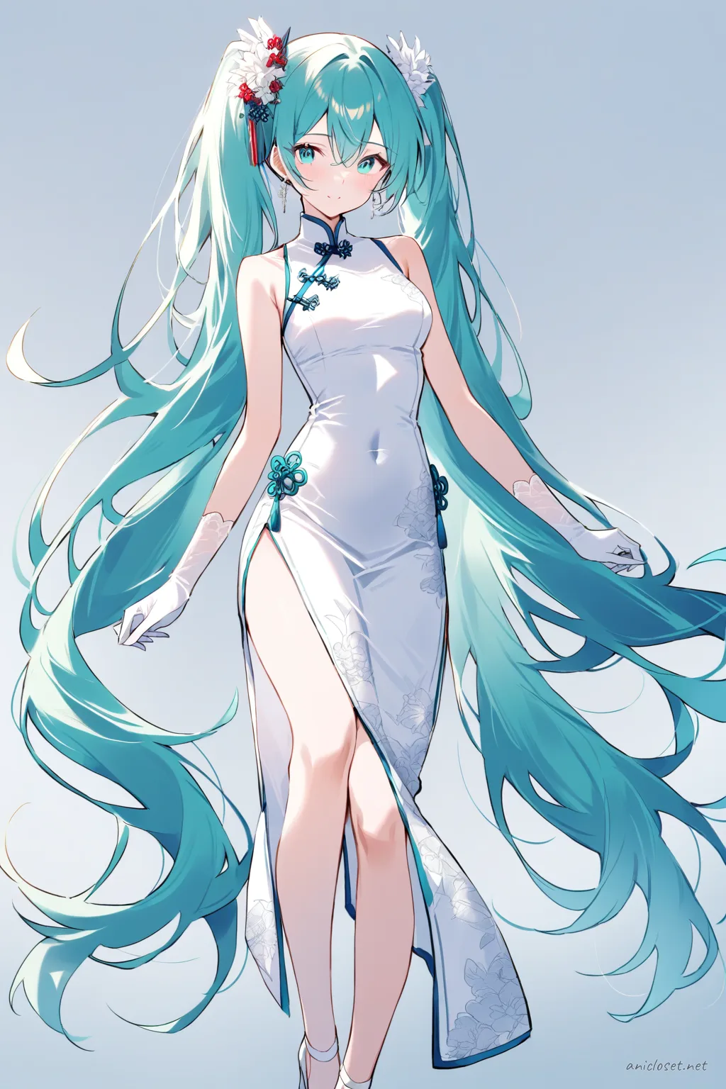 Full-body illustration of Hatsune Miku in a white silk sleeveless qipao with high slit, standing against a clean studio backdrop, wearing white silk gloves and ankle strap heels