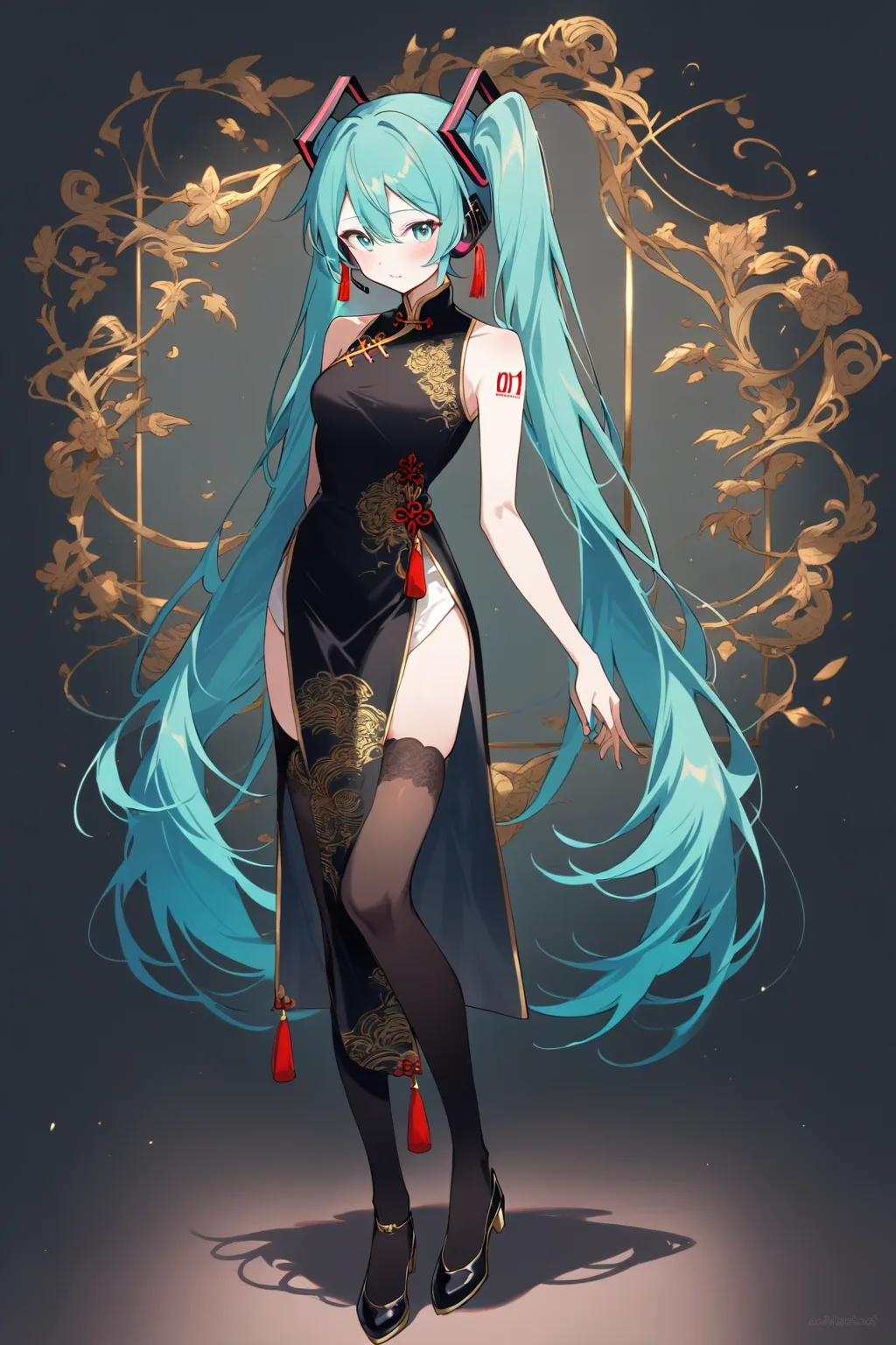 Knee-up half-body illustration of Hatsune Miku wearing a black qipao with high collar and side slits, soft studio lighting, clean background