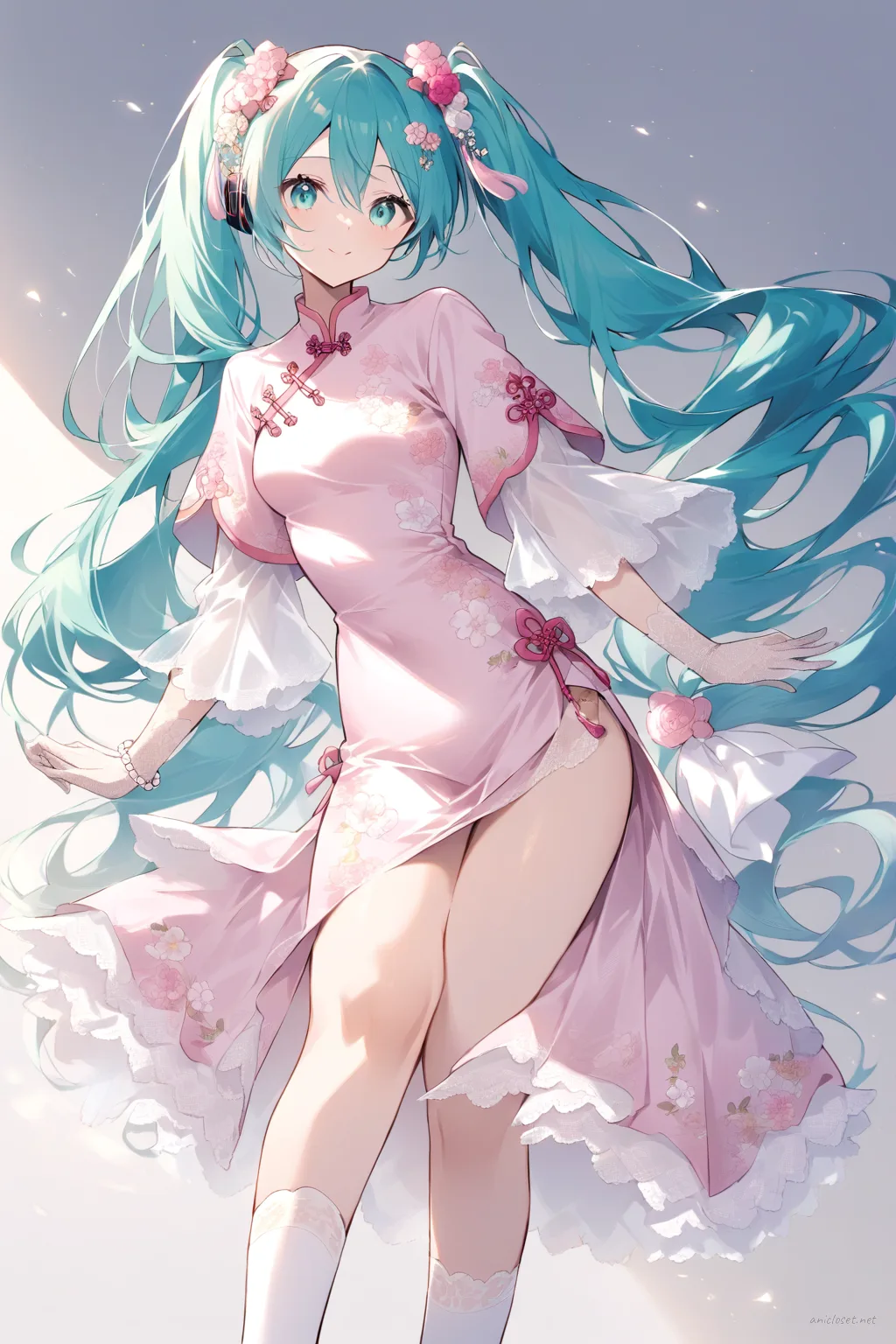 Illustration of Hatsune Miku in a pastel pink qipao with floral embroidery, mandarin collar, side slit, white lace trim, white silk gloves, and pearl bracelet under soft studio lighting