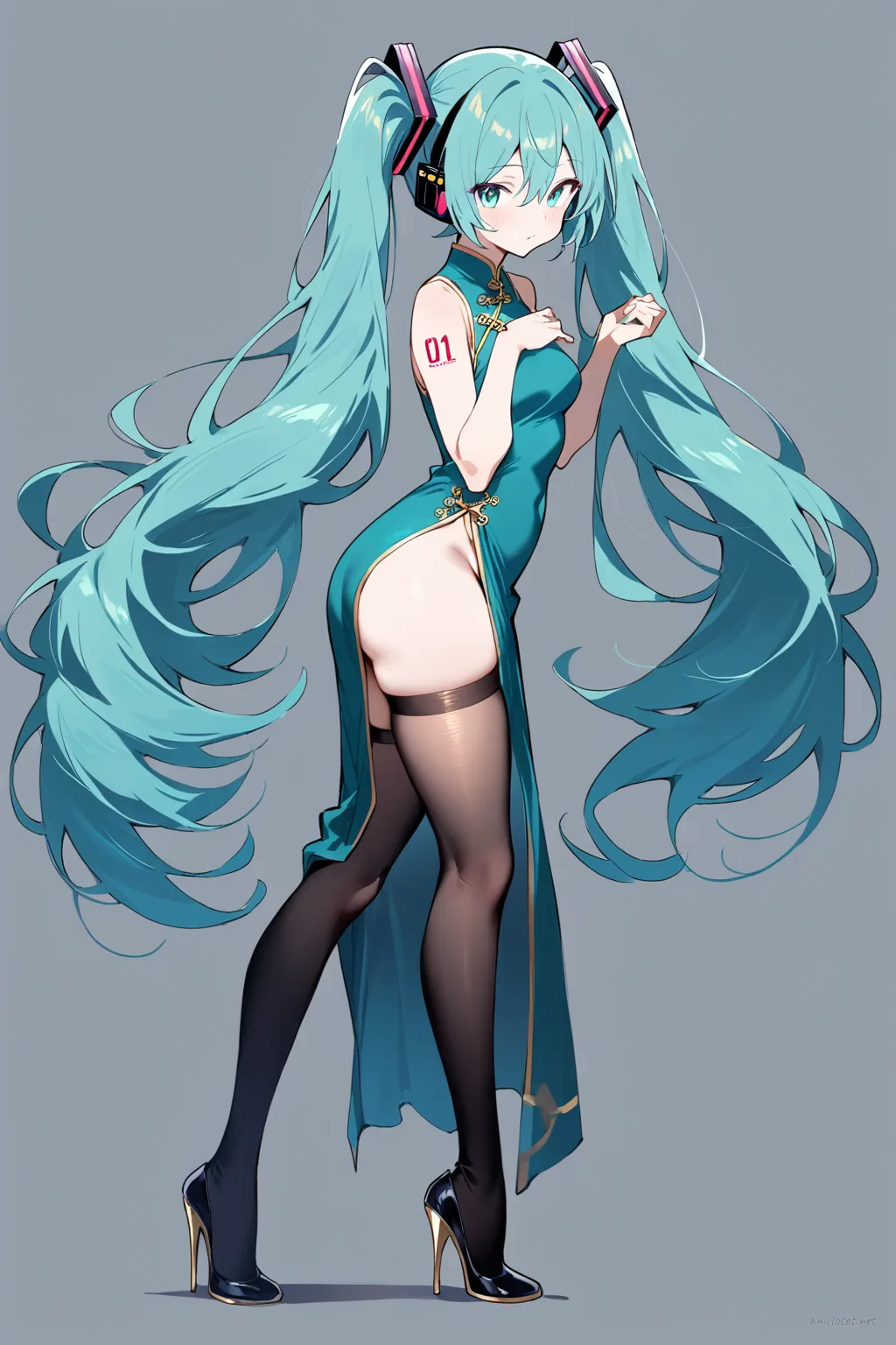 Full-body illustration of Hatsune Miku wearing a teal sleeveless qipao with high slit and gold embroidery, paired with black stiletto heels and sheer stockings, standing against a clean studio backdrop.
