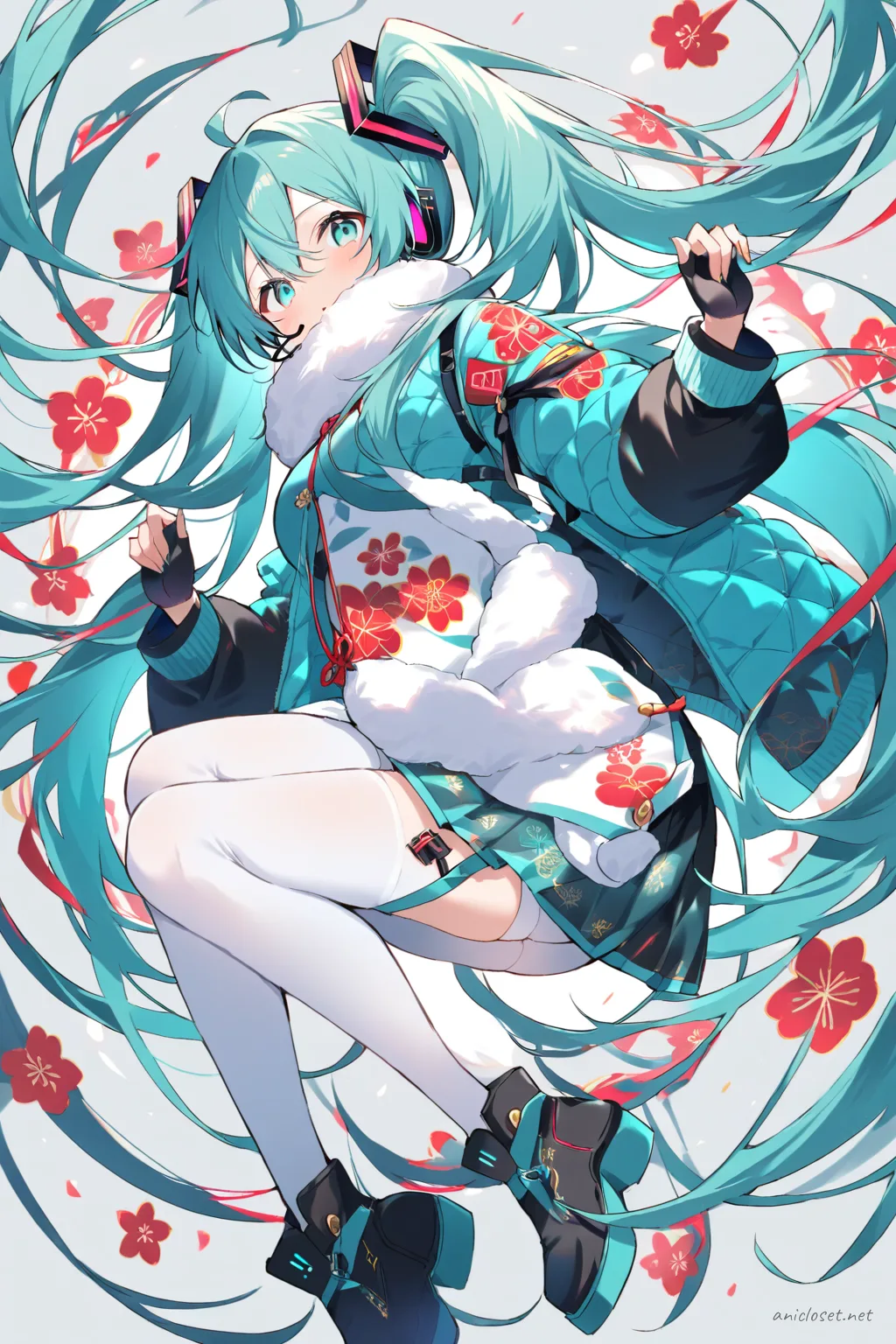 Full-body illustration of Hatsune Miku wearing a winter qipao with floral embroidery and a short padded jacket, standing with shoes visible against a clean studio backdrop