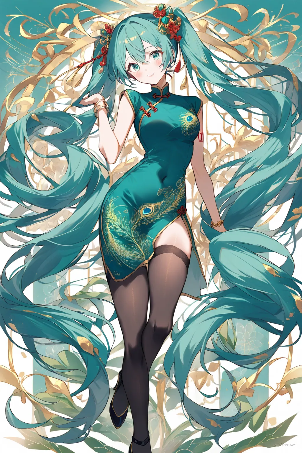 Illustration of Hatsune Miku wearing a patterned silk qipao with peacock motif, high slit, mandarin collar, and gold trim in soft studio lighting