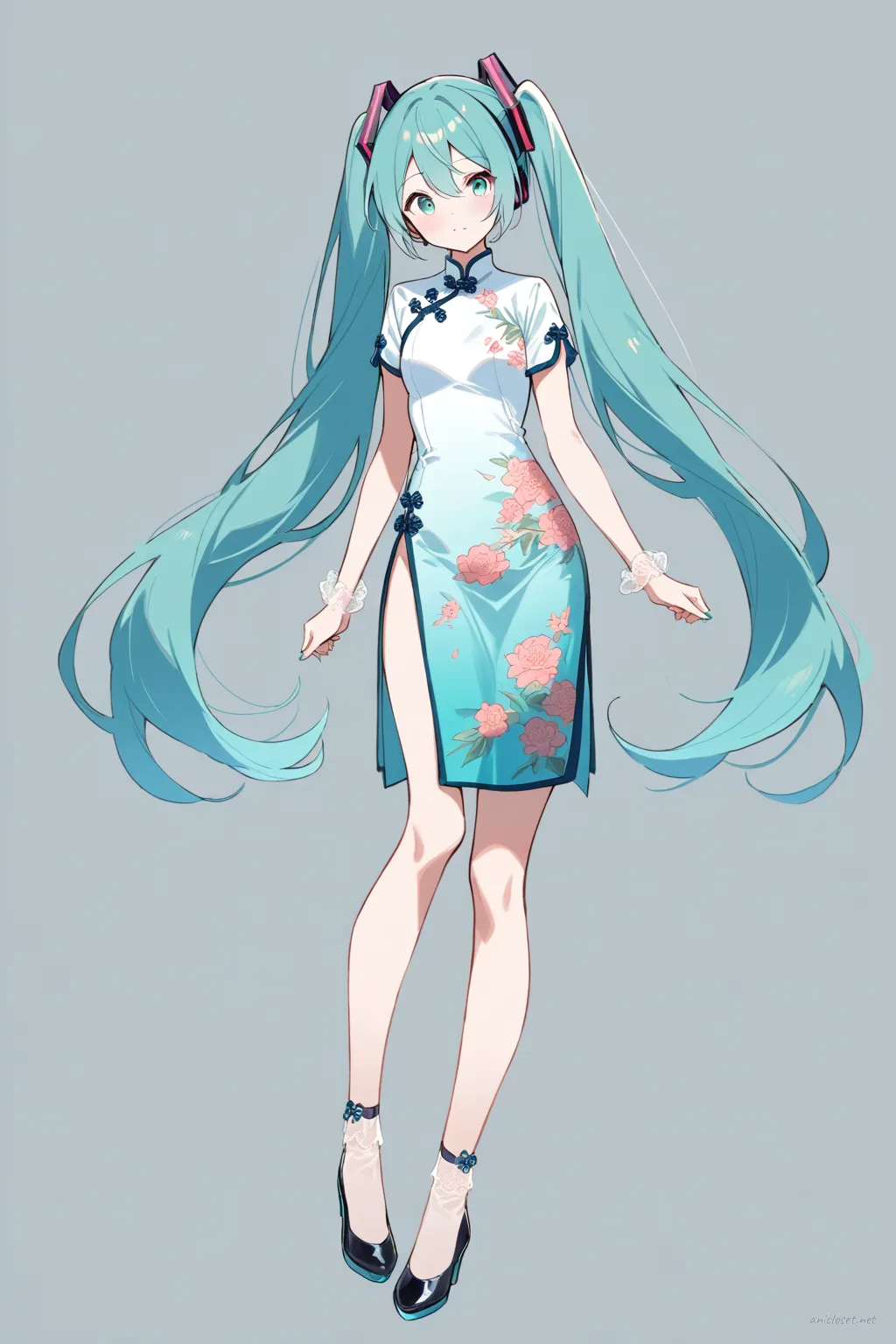 Illustration of Hatsune Miku in a short-sleeve summer qipao with floral embroidery, high side slit, and ankle strap heels, shown in full-body three-quarter view on a clean studio background