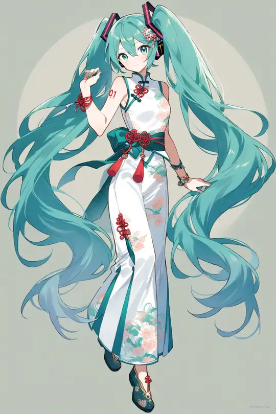 Knee-up half-body illustration of Hatsune Miku wearing a modest qipao with wide trousers, embroidered floral silk fabric under soft studio lighting