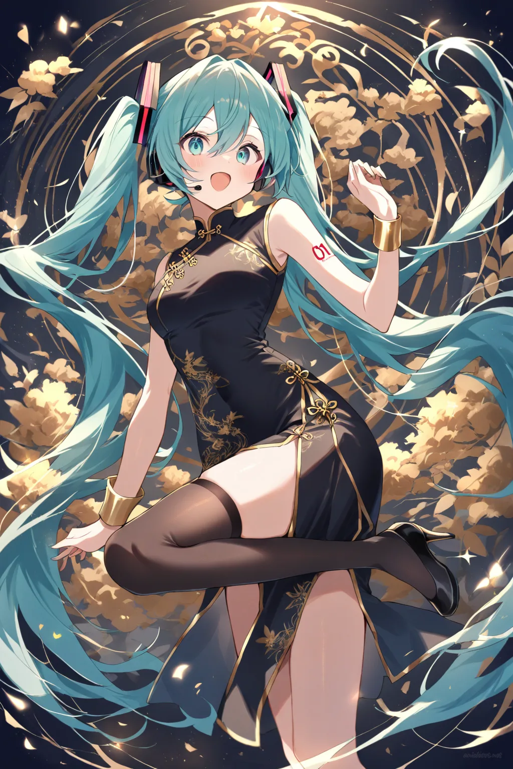 Full-body illustration of Hatsune Miku wearing a gold-accent evening qipao with floral embroidery, sheer panels, black high heels, and gold accessories, standing against a clean studio backdrop