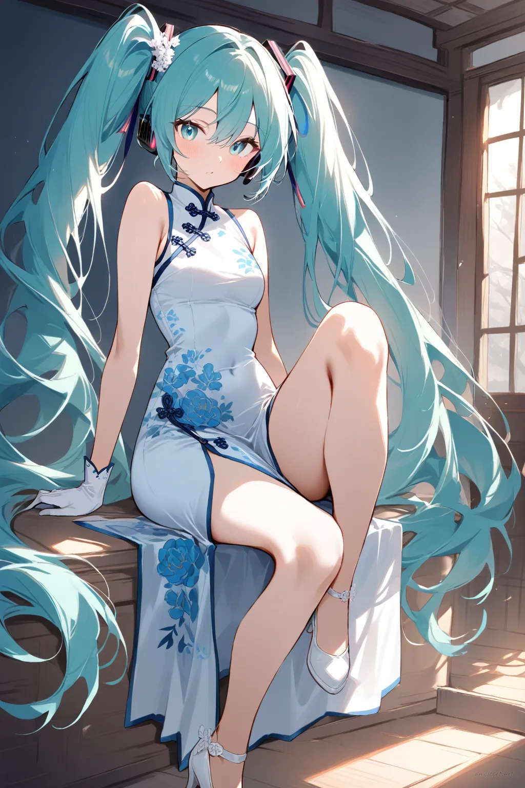 Illustration of Hatsune Miku wearing a blue floral sleeveless qipao with high slit and white ankle strap heels in soft studio lighting