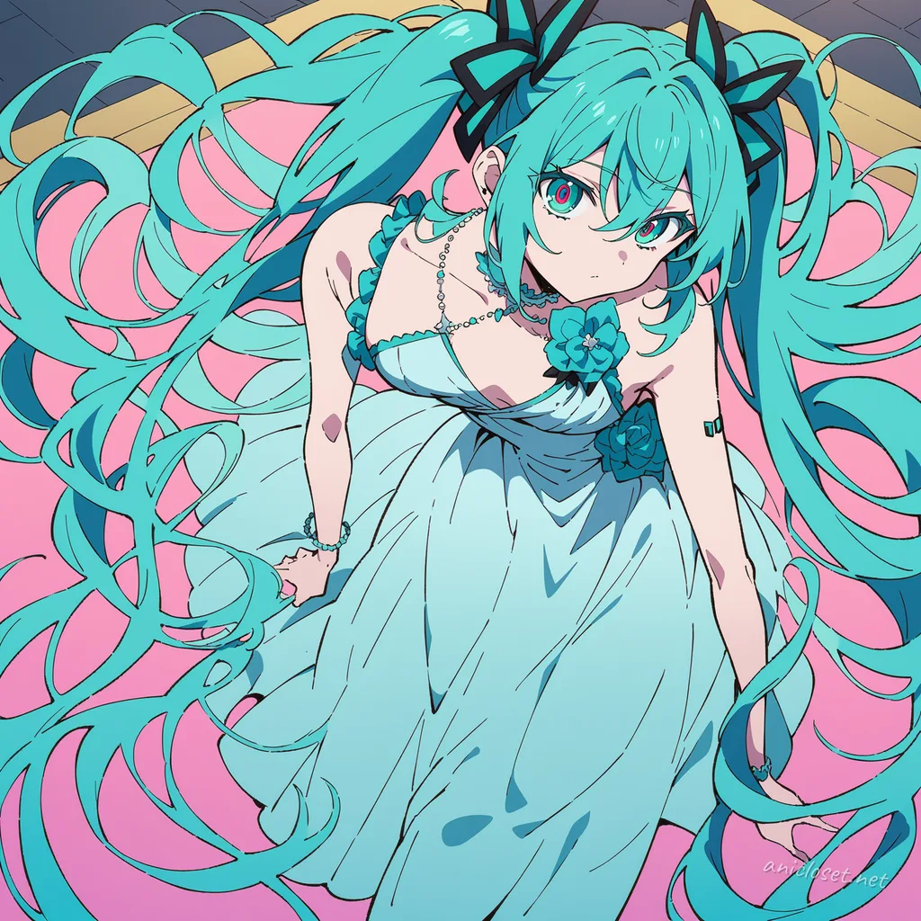 Illustration of Hatsune Miku wearing a floor-length satin evening gown with elbow-length gloves and pearl accessories in soft studio lighting