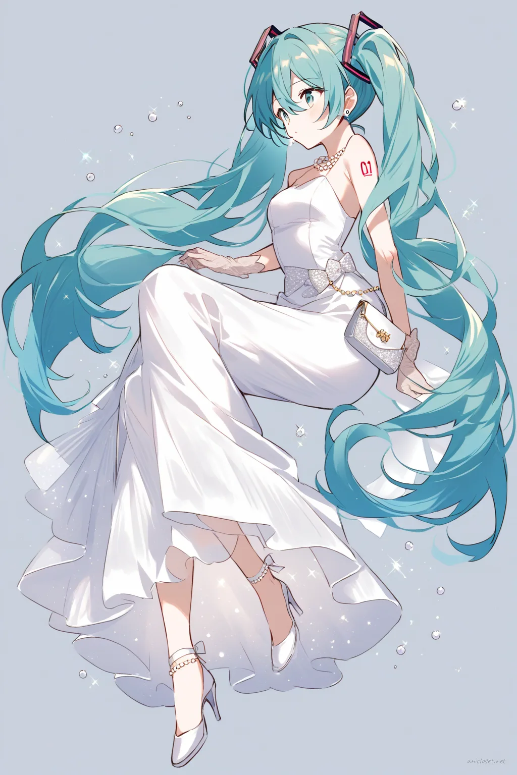 Full-body illustration of Hatsune Miku in a sleeveless cocktail dress with fitted bodice and knee-length chiffon skirt, wearing silver ankle strap heels and sheer gloves, standing against a clean studio backdrop
