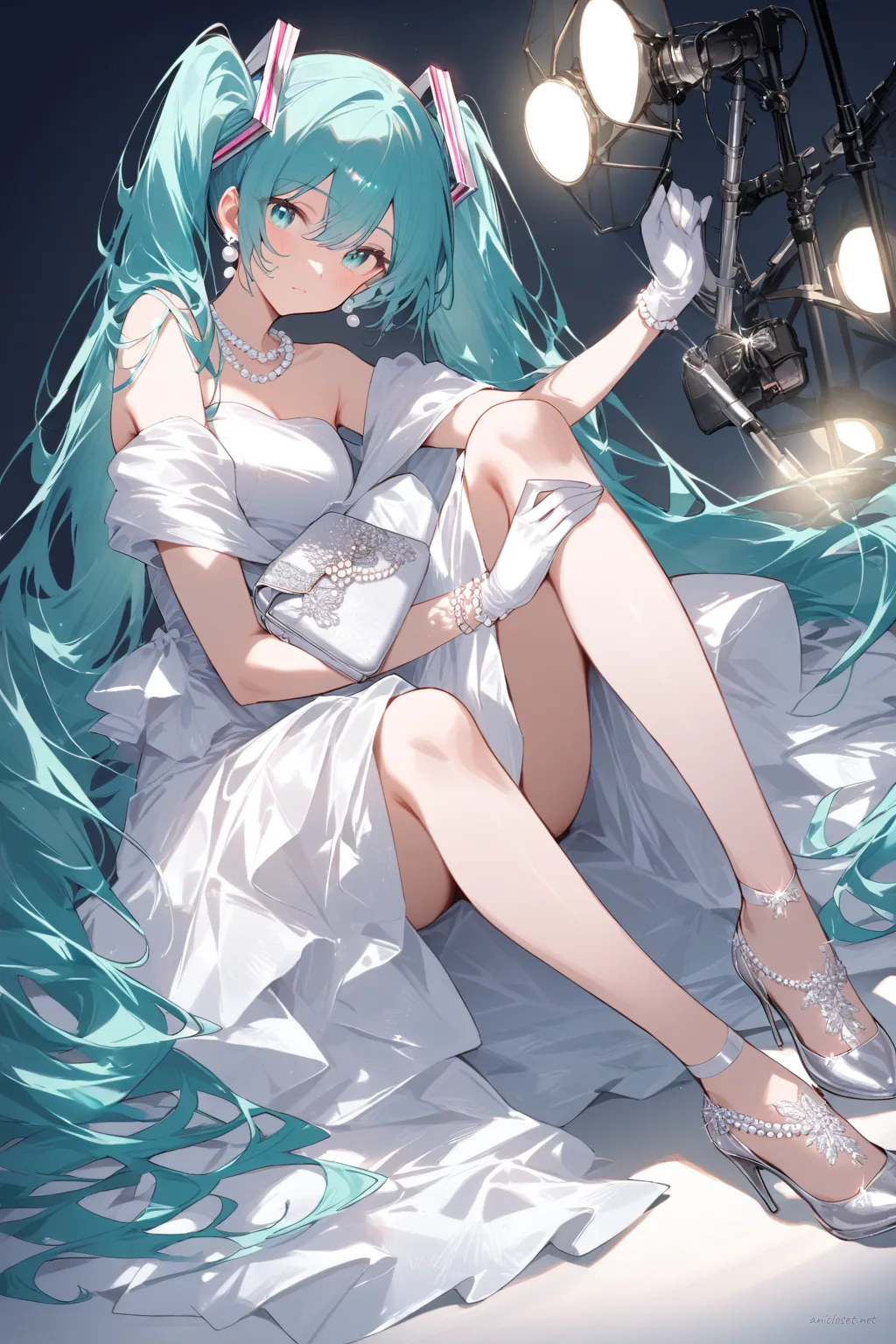 Full-body three-quarter view of Hatsune Miku in a white floor-length sleeveless evening gown with pearl necklace, earrings, bracelet, white satin gloves, silver heels, and clutch purse against a simple studio background