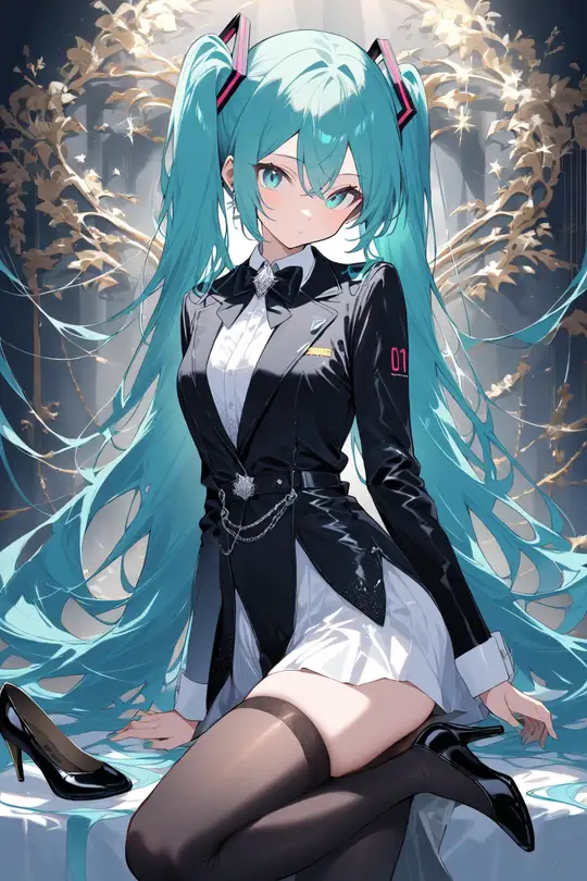 Full-body three-quarter view of Hatsune Miku wearing a black tuxedo dress hybrid with satin lapels, high slit skirt, sheer black stockings, and black patent leather pumps, styled with a sleek updo against a simple studio background