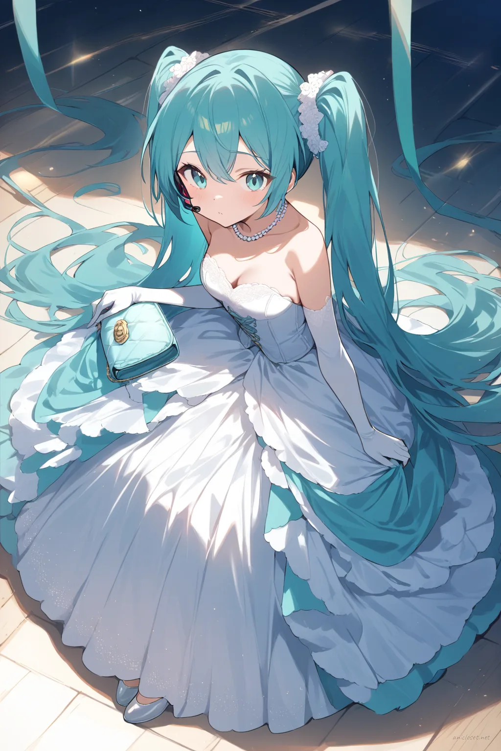 Full-body illustration of Hatsune Miku in a strapless satin ballgown with soft volume skirt, elbow-length opera gloves, pearl necklace, and high-heeled pumps, standing against a simple studio backdrop