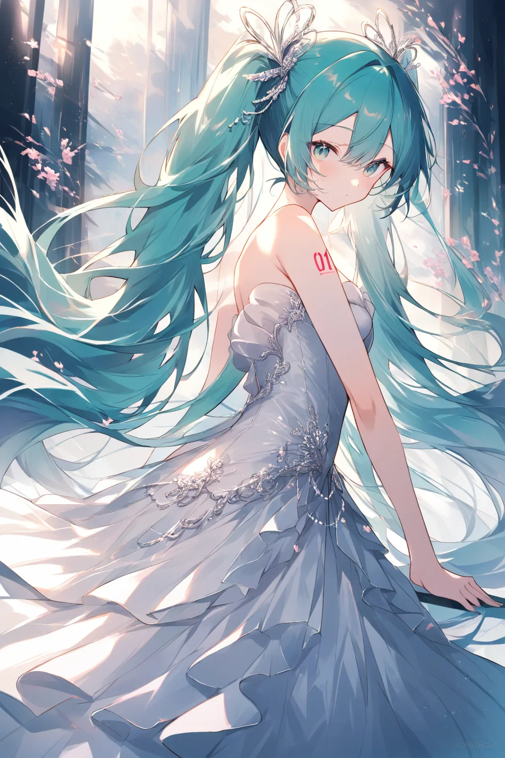 Full-body three-quarter view illustration of Hatsune Miku wearing a strapless seafoam green mermaid silhouette evening dress with satin fabric, subtle sequin embellishments, elbow-length gloves, silver choker necklace, small silver clutch, and clear stiletto heels against a simple studio background.