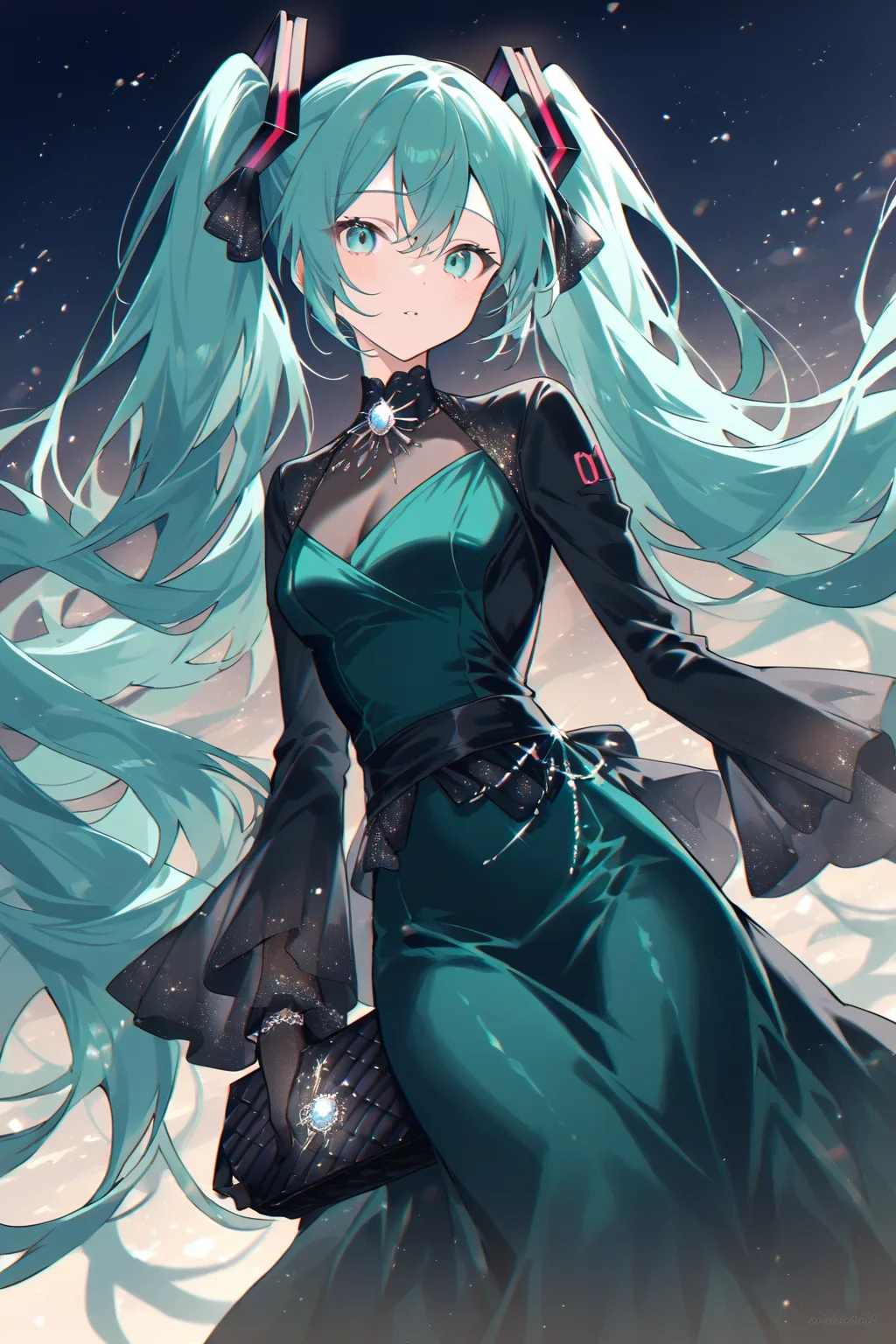 Knee-up half-body illustration of Hatsune Miku wearing a dark emerald green velvet long evening dress with silver embroidery, high collar, long sleeves, fitted waist, elegant gloves, velvet clutch, pearl necklace, sheer black stockings, and closed-toe heels under soft studio lighting