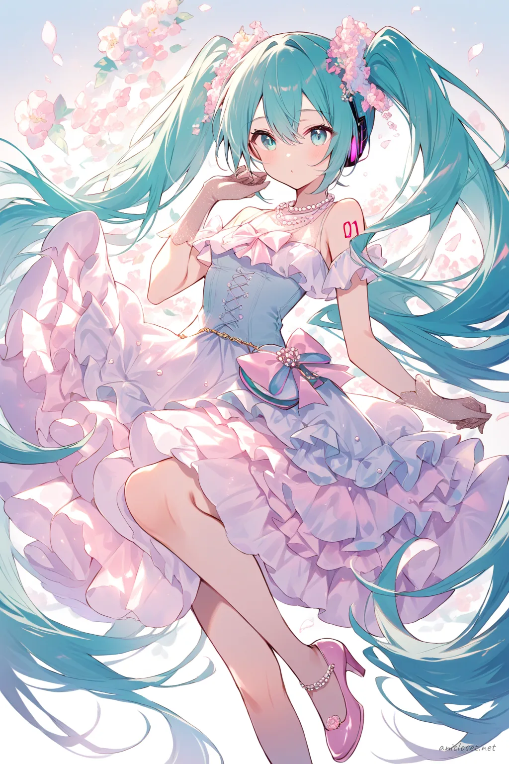 Knee-up illustration of Hatsune Miku in a pastel sleeveless midi dress with sheer chiffon overlay, satin waist ribbon, pearl necklace, and clutch purse under soft studio lighting