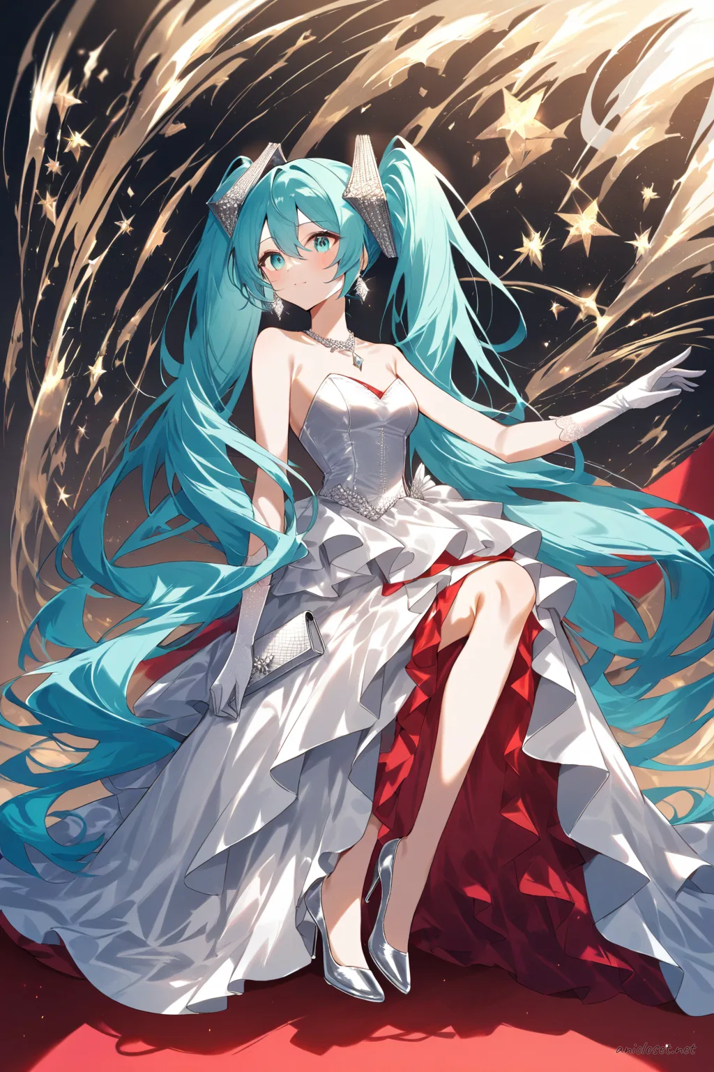 Illustration of Hatsune Miku in a formal red carpet gown with a dramatic train, strapless fitted bodice, long gloves, stiletto heels, clutch purse, chandelier earrings, elegant necklace, and updo hairstyle, shown in a full-body three-quarter view on a simple studio background