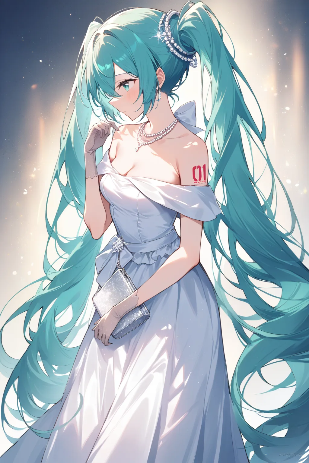 Illustration of Hatsune Miku wearing an off-shoulder floor-length formal dress with elbow-length satin gloves and a delicate pearl necklace, shown from knee-up under soft studio lighting