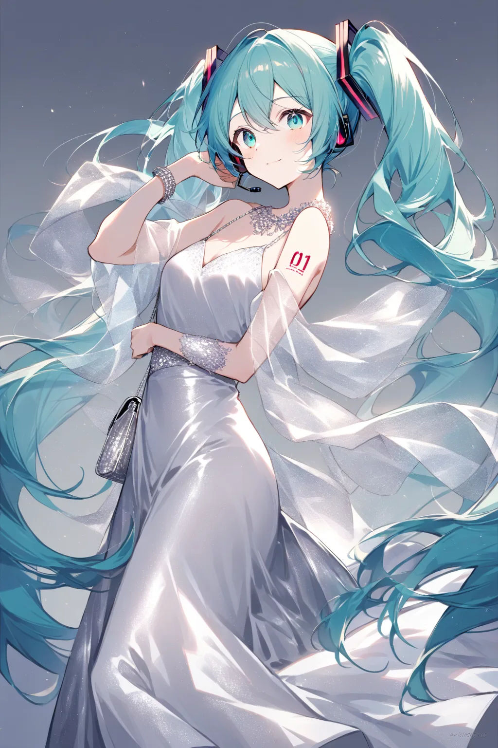 Illustration of Hatsune Miku standing in a silver floor-length evening gown with a clutch bag, silver high heels, and delicate jewelry against a clean studio backdrop