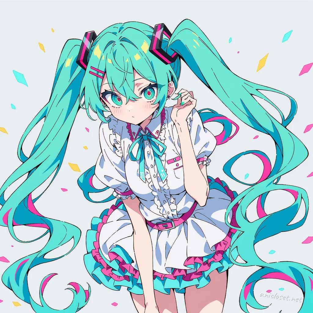 Full-body illustration of Hatsune Miku in a frilly idol dress with stage bow, standing pose against a clean studio backdrop