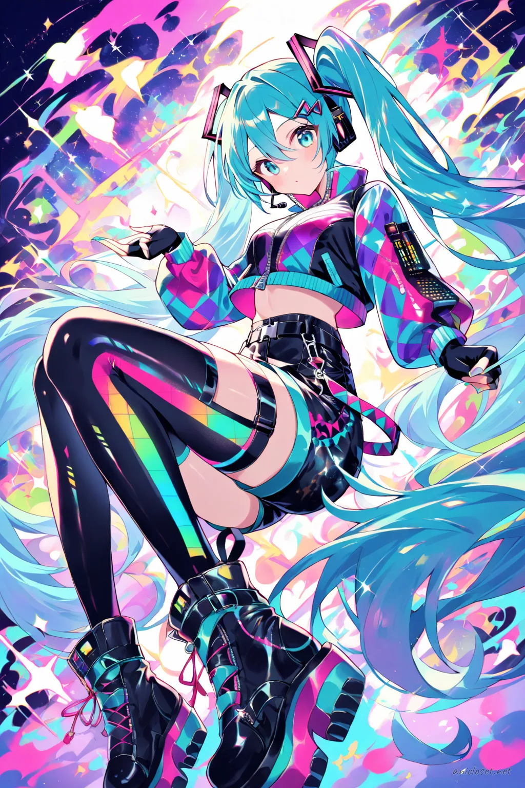 Full-body illustration of Hatsune Miku in a colorful cropped jacket and high-waisted shorts, standing with platform boots against a clean studio backdrop