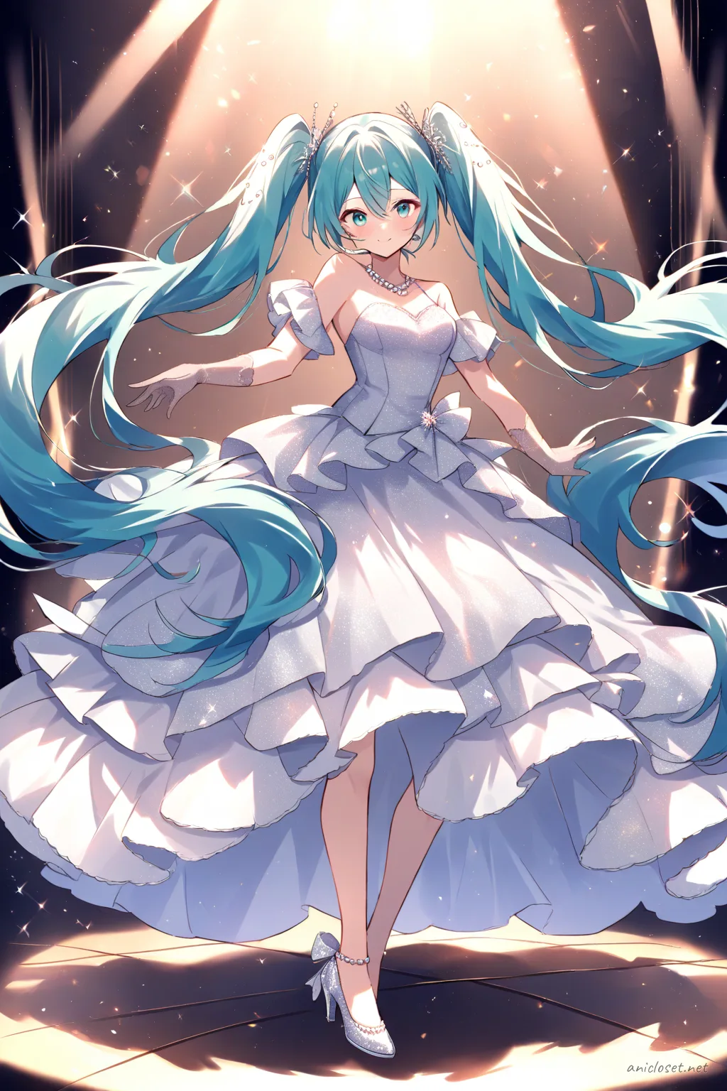 Full-body three-quarter view of Hatsune Miku wearing an elegant floor-length sleeveless gown with a sweetheart neckline, layered chiffon skirt, sheer gloves, pearl necklace, silver heels, and delicate hairpin, set against a stage spotlight background