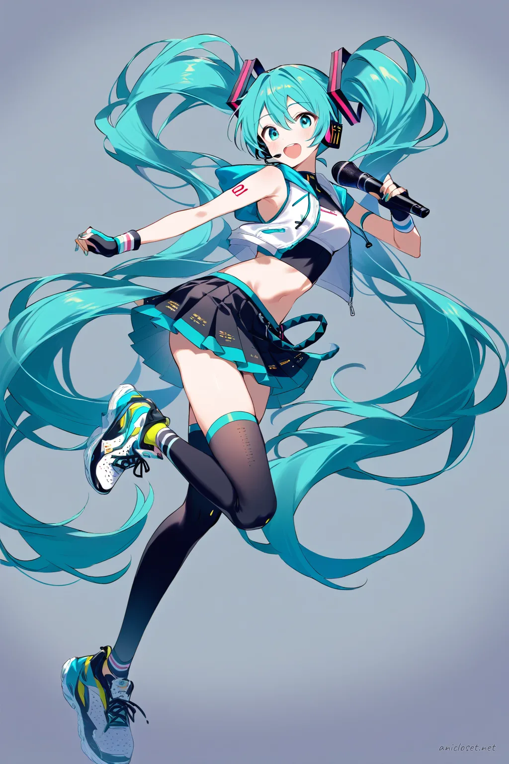 Full-body three-quarter view of Hatsune Miku in sporty crop top, sleeveless jacket, pleated mini skirt, fingerless gloves, thigh-high athletic socks, running shoes, holding a microphone and wearing a sweatband