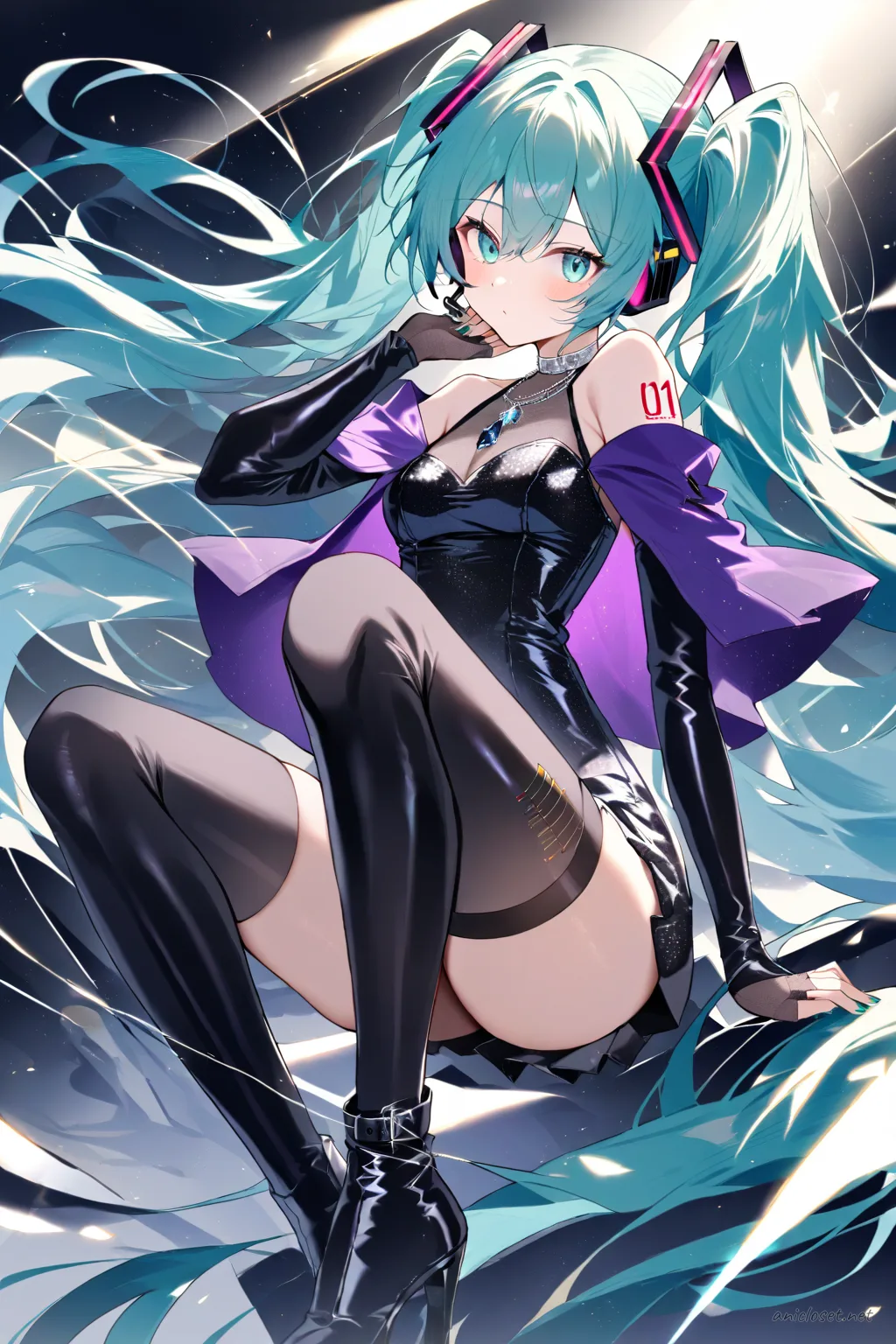 Illustration of Hatsune Miku in a knee-up half-body look wearing a black sequin sleeveless mini dress, dark purple velvet bolero jacket, sheer black fingerless gloves, silver choker with dark gem, black thigh-high stockings with shimmer, and black patent leather stiletto ankle boots under soft studio lighting.