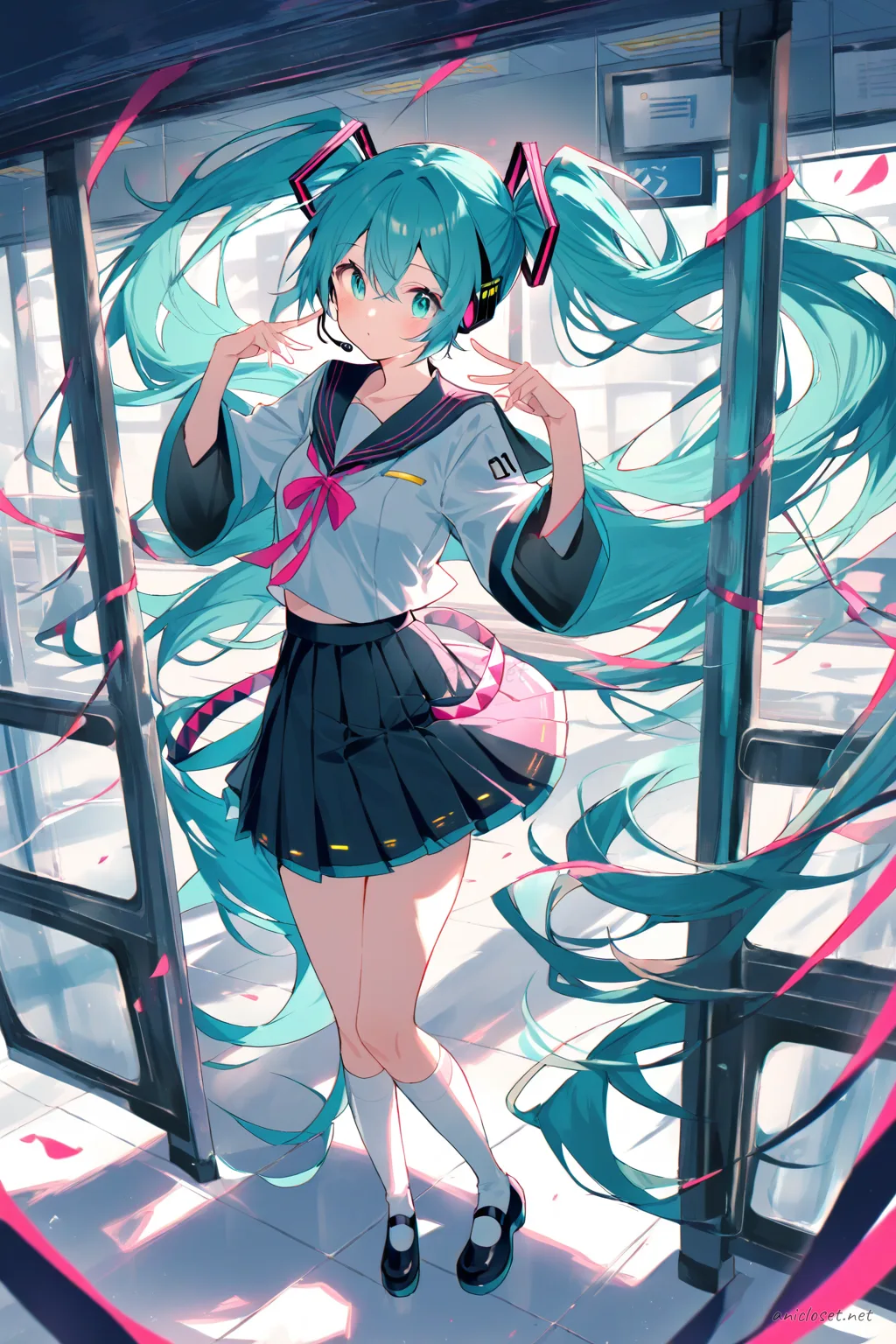 Illustration of Hatsune Miku in school-idol inspired stage costume with sailor collar, pleated skirt, ribbon tie, knee-high socks, and mary janes