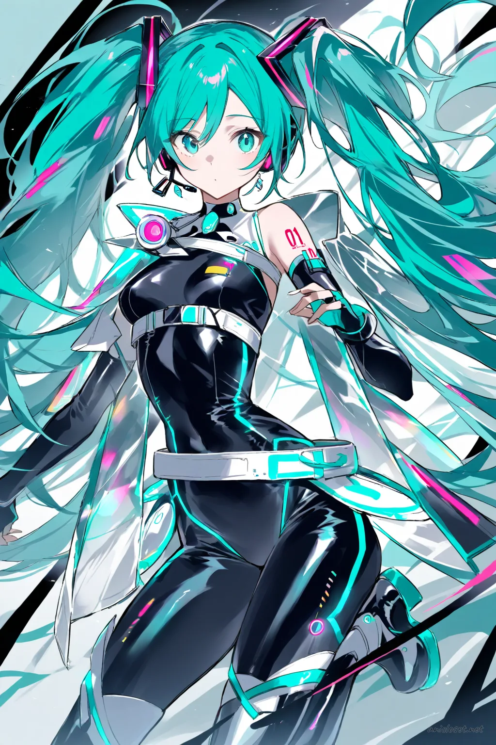 Full-body three-quarter view illustration of Hatsune Miku in a futuristic idol costume with metallic silver accents, glowing cyan piping, fingerless gloves, thigh-high boots, and a transparent shoulder cape against a studio background