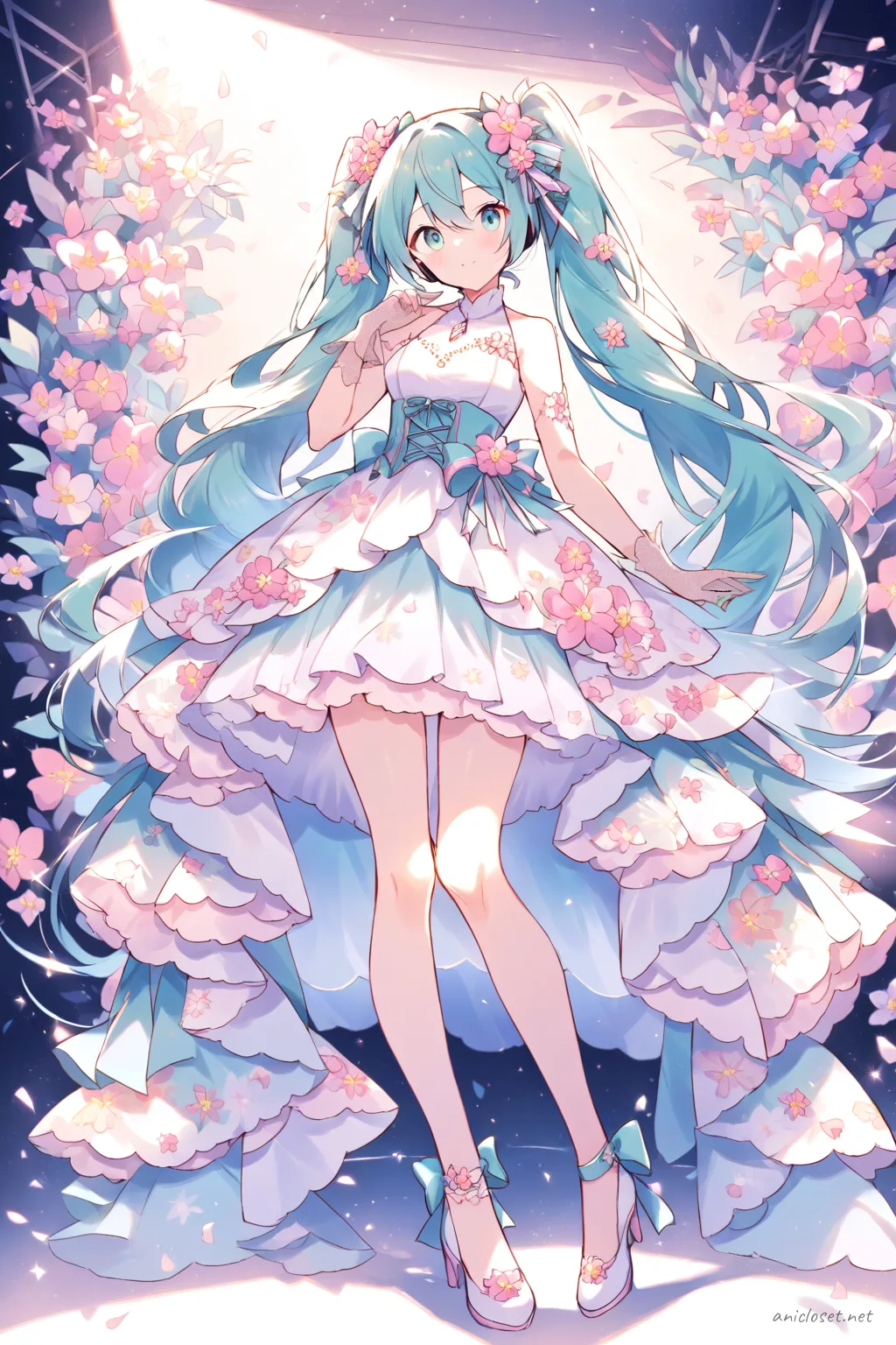 Full-body three-quarter view of Hatsune Miku in a pastel floral sleeveless dress with fitted bodice, flared skirt, sheer gloves, and flower hair accessory under stage spotlight