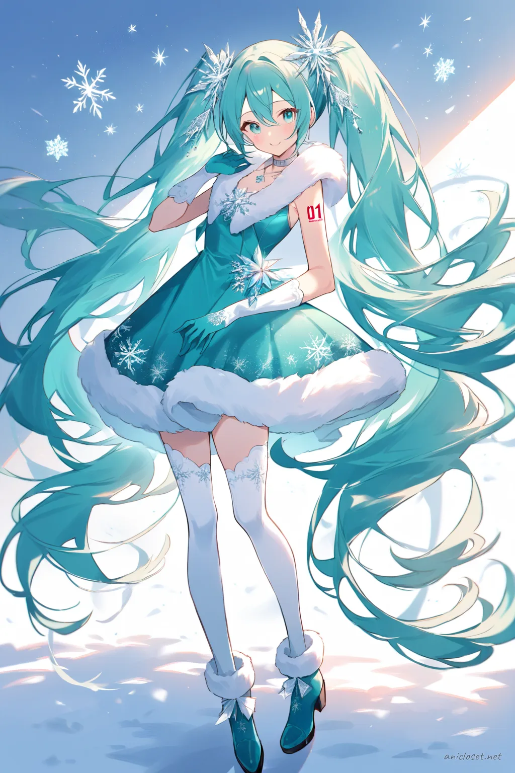 Full-body illustration of Hatsune Miku in a teal sleeveless dress with white faux fur capelet, long teal gloves, white thigh-high stockings, teal ankle boots with fur trim, silver choker, and winter-themed hair accessory, standing against a clean studio backdrop