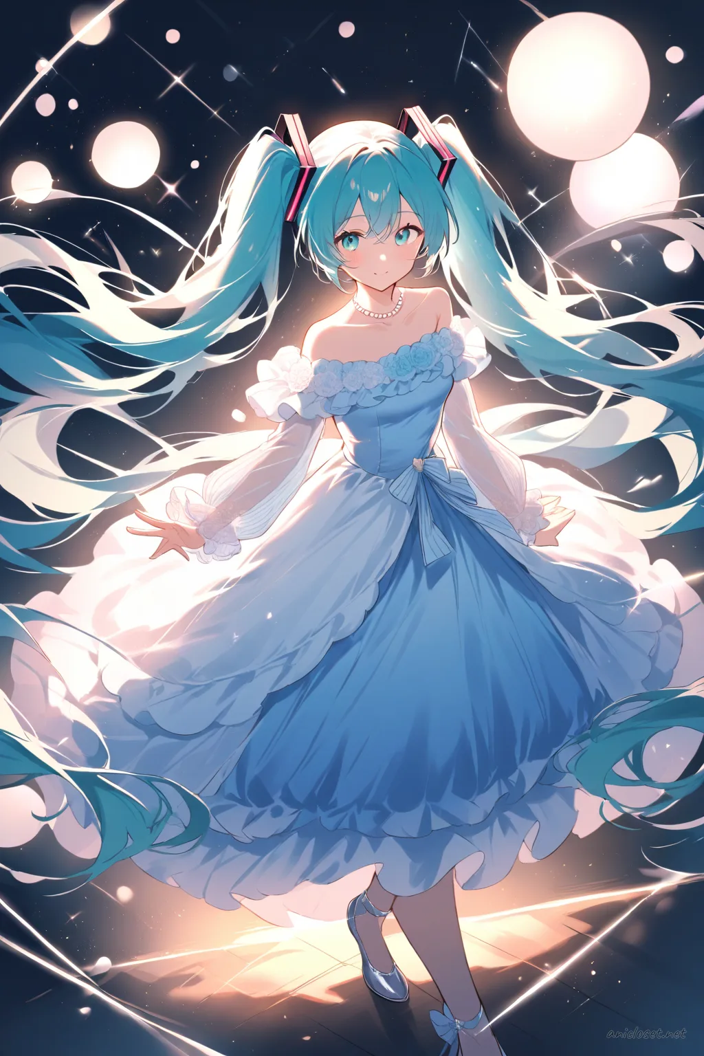 Full-body three-quarter view of Hatsune Miku in pastel blue chiffon ball gown with off-shoulder neckline and pearl necklace under soft stage lighting