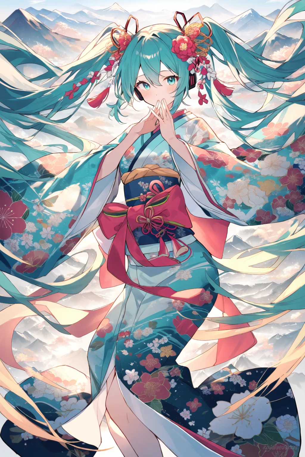 Illustration of Hatsune Miku wearing a bright furisode kimono with large floral patterns, oversized obi bow, and flower kanzashi