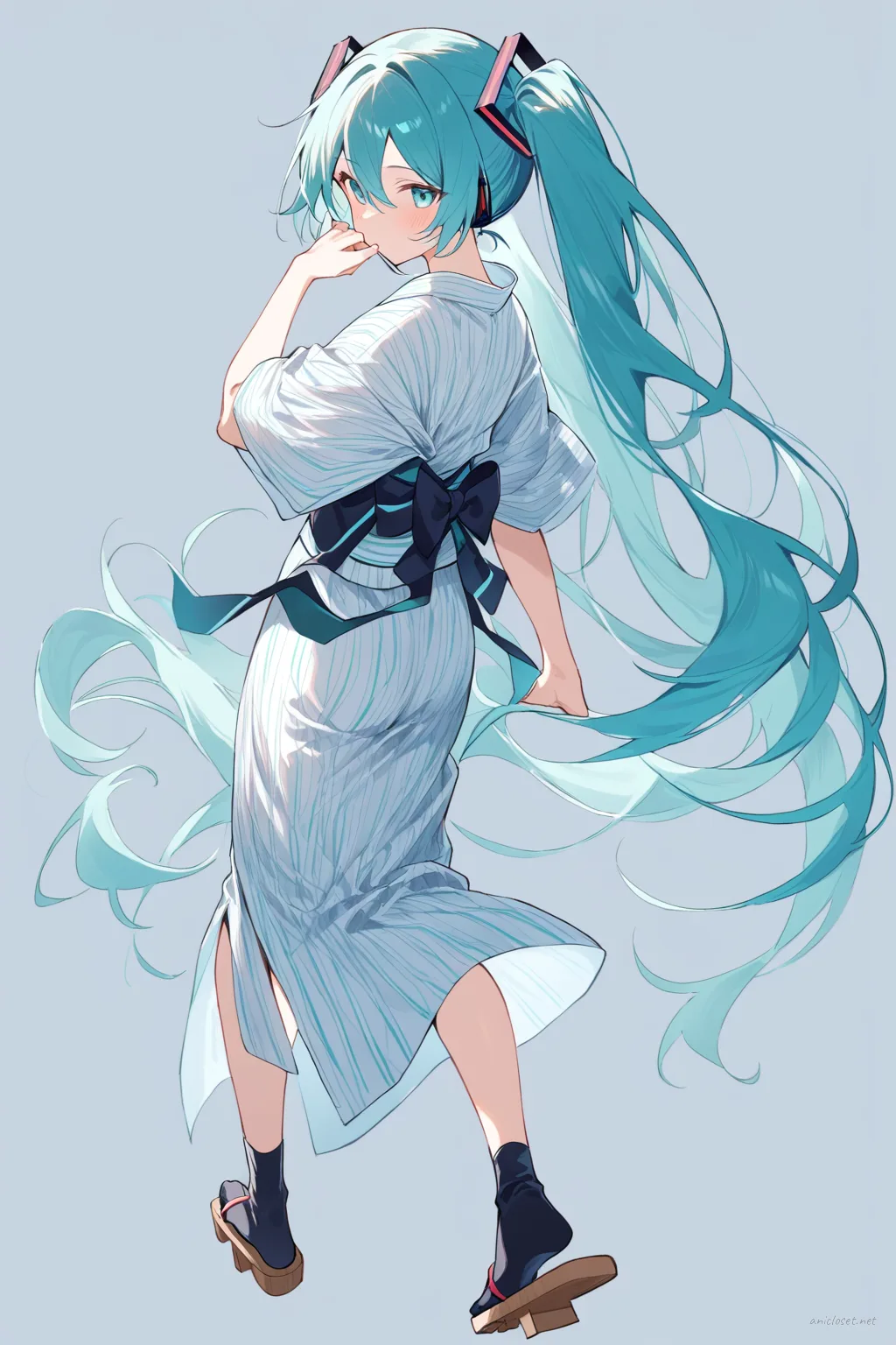 Full-body three-quarter view illustration of Hatsune Miku wearing a summer yukata with simple stripe pattern, obi sash tied in a bow, traditional hair ornament, tabi socks, and wooden geta sandals on a clean background