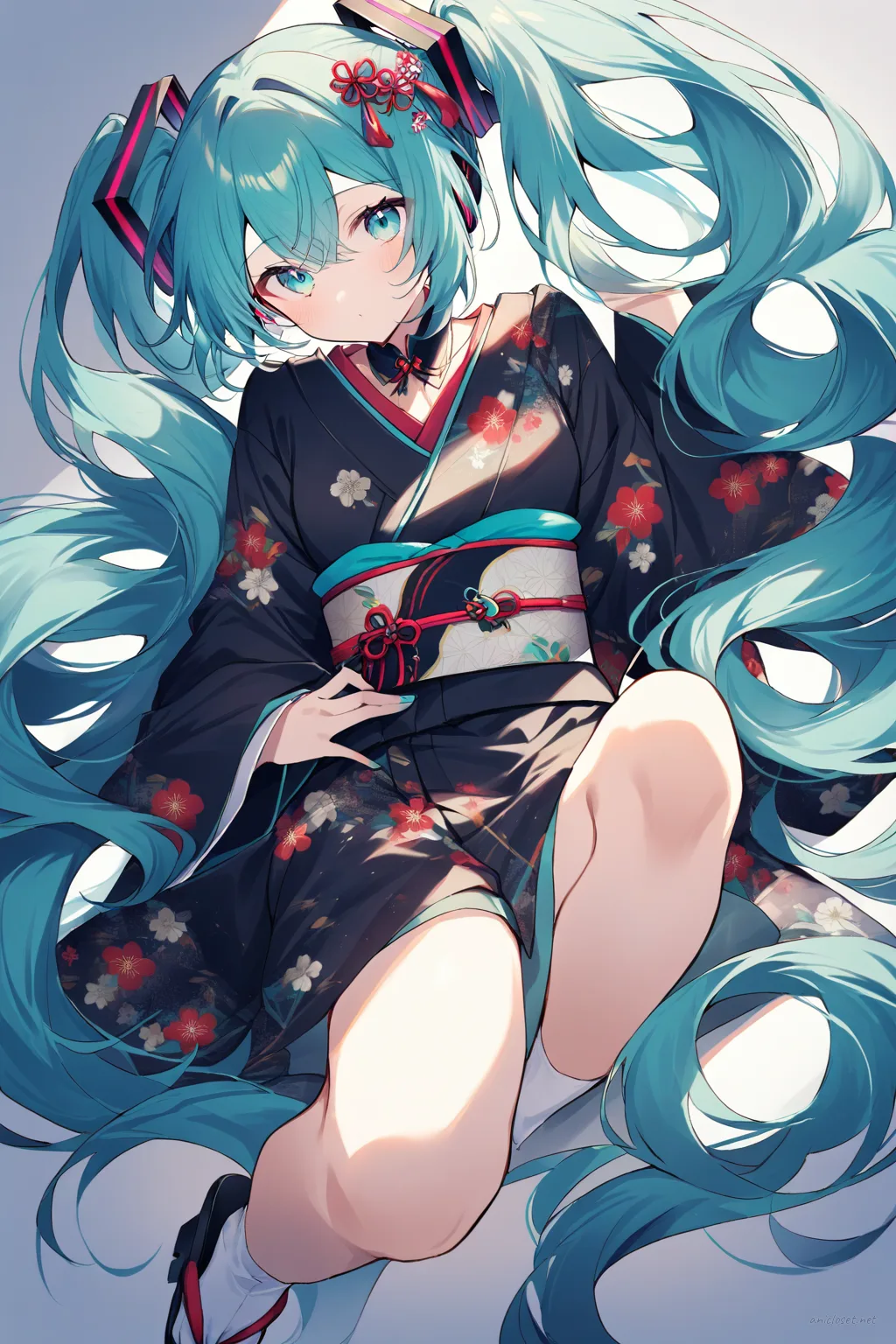 Full-body three-quarter view of Hatsune Miku wearing a dark formal kimono with subdued floral pattern, black obi, and simple hair ornament against a clean studio background