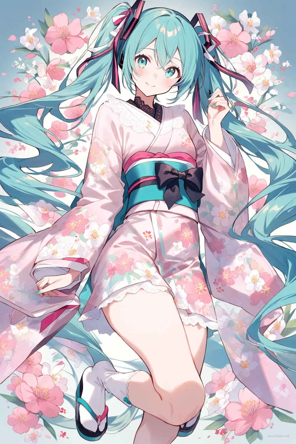 Full-body three-quarter view of Hatsune Miku wearing a pastel pink kimono with soft spring floral patterns, light green obi belt tied in a wide bow, white tabi socks, wooden geta sandals, delicate lace collar, and a subtle gold hairpin, set against a simple studio background.