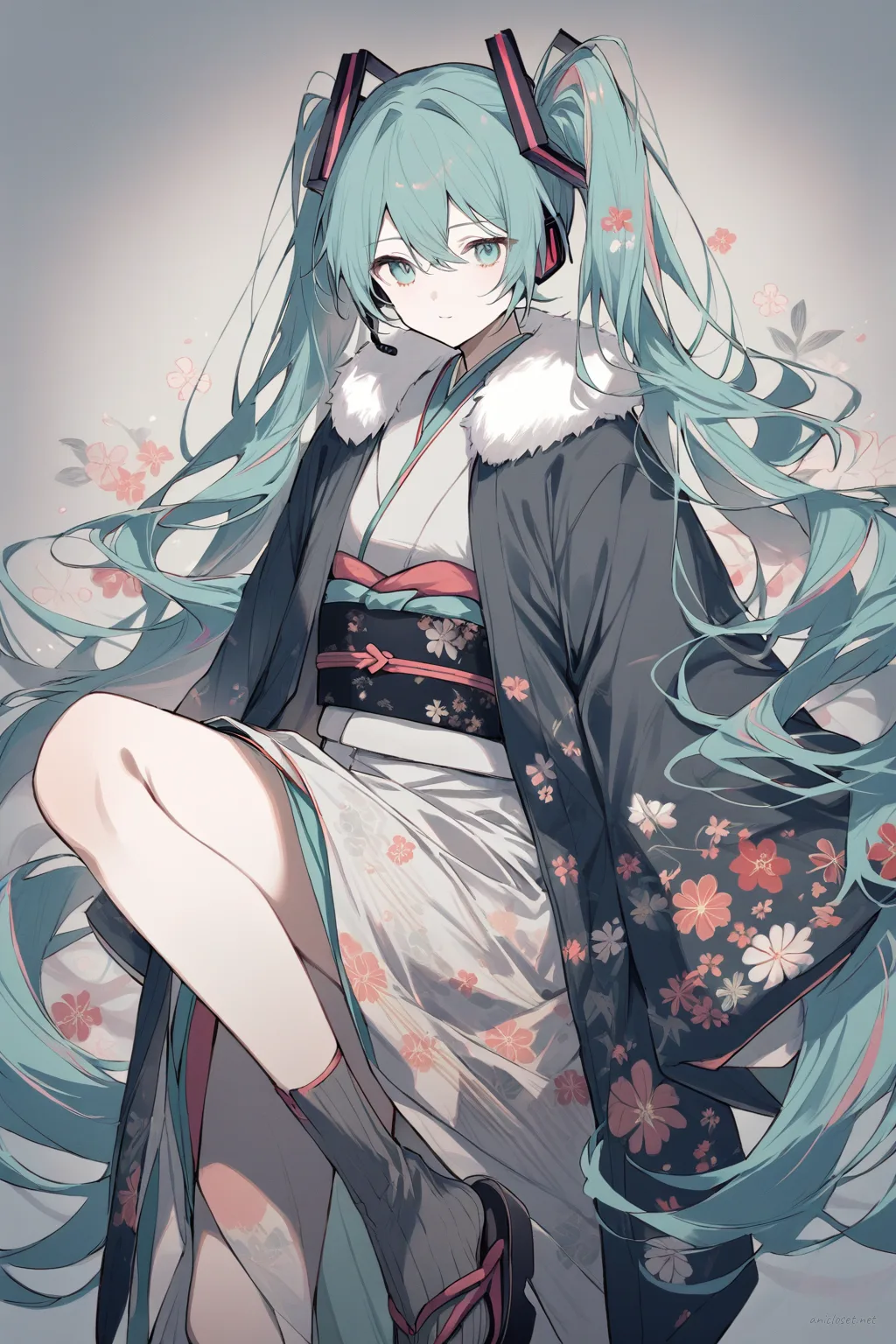 Full-body three-quarter view illustration of Hatsune Miku wearing a winter kimono with haori coat, fur collar, long sleeves, obi belt, tabi socks, and zori sandals against a clean studio background