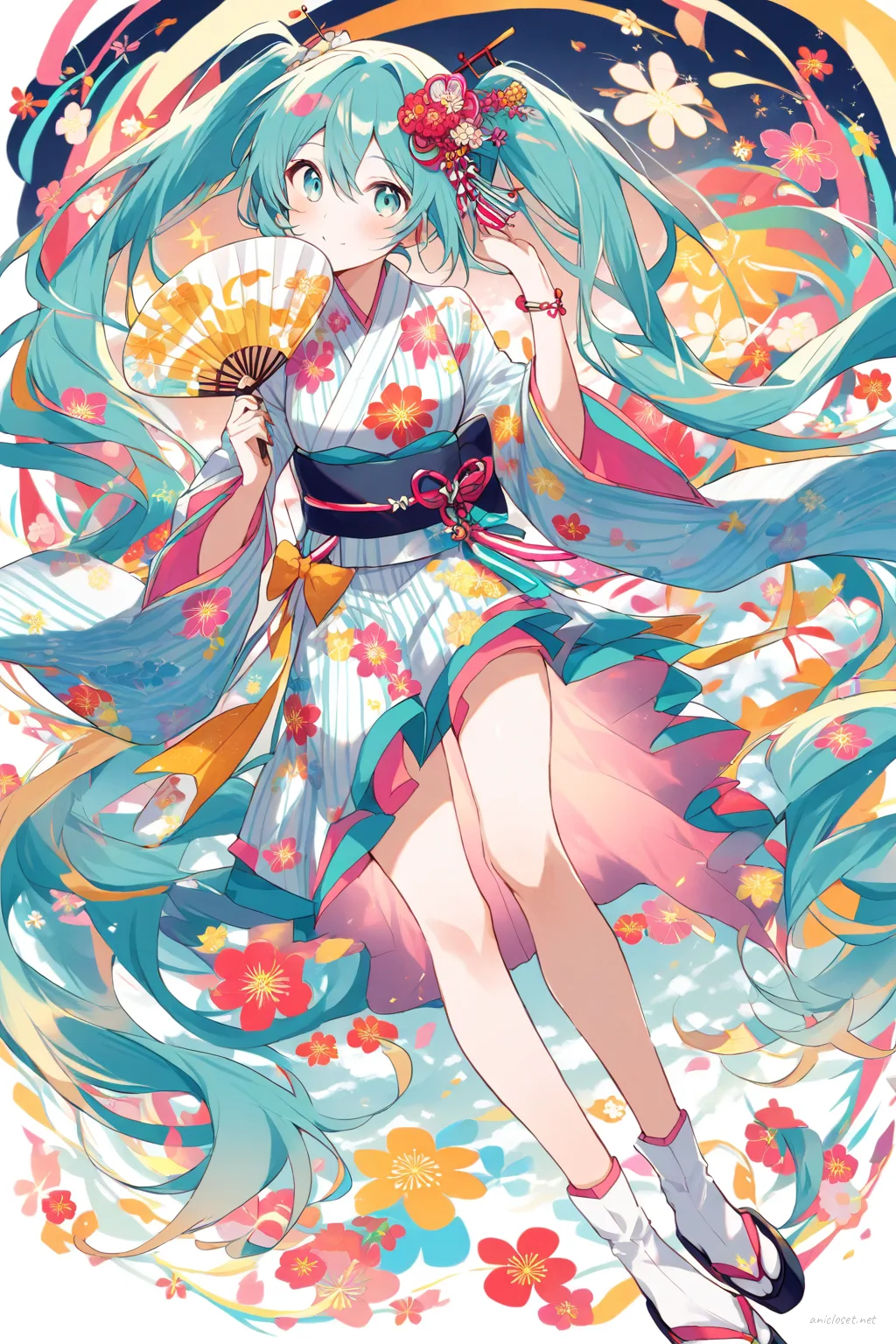 Full-body three-quarter view of Hatsune Miku wearing a bright floral pink and yellow festival yukata with a wide obi belt, festival hairpin, geta sandals, and holding a hand fan